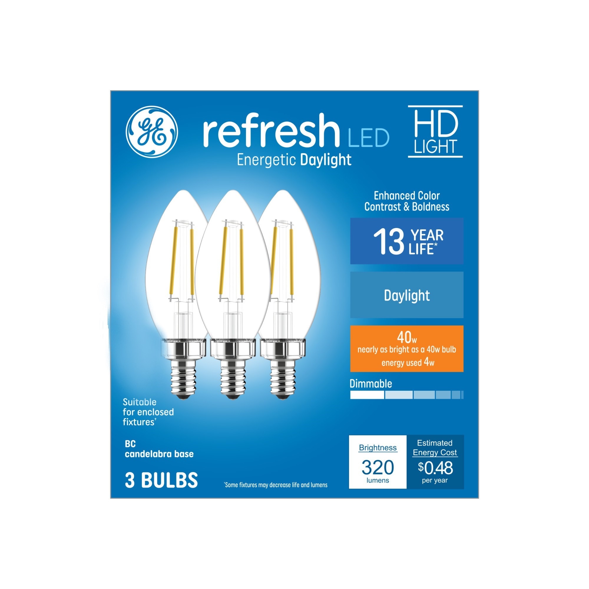 Clear Glass Dimmable LED Candle Light Bulbs, 40W Equivalent, 3-Pack