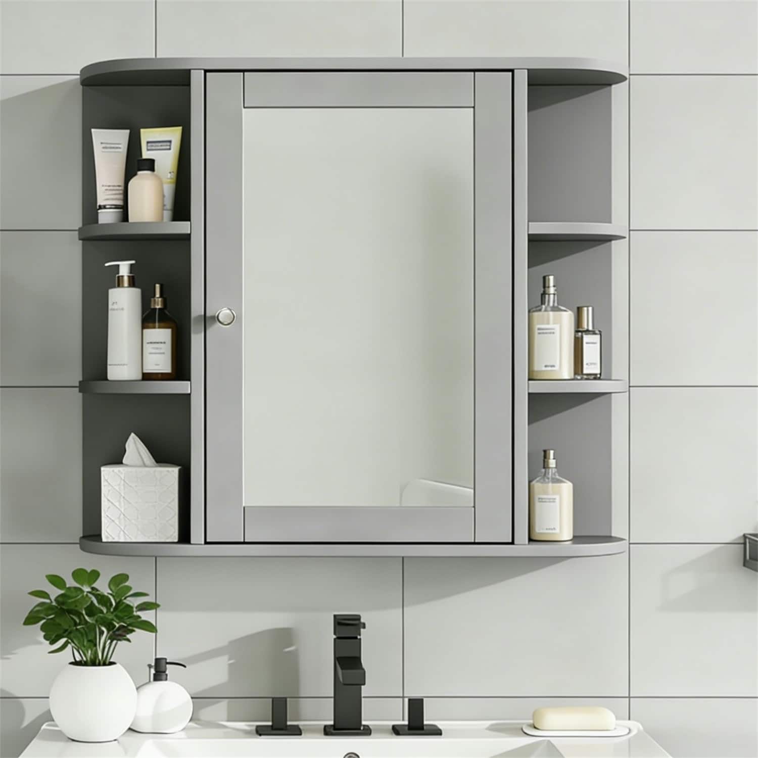 Dimakai 26-in Gray Bathroom Wall Cabinet with Mirror and Adjustable Shelves