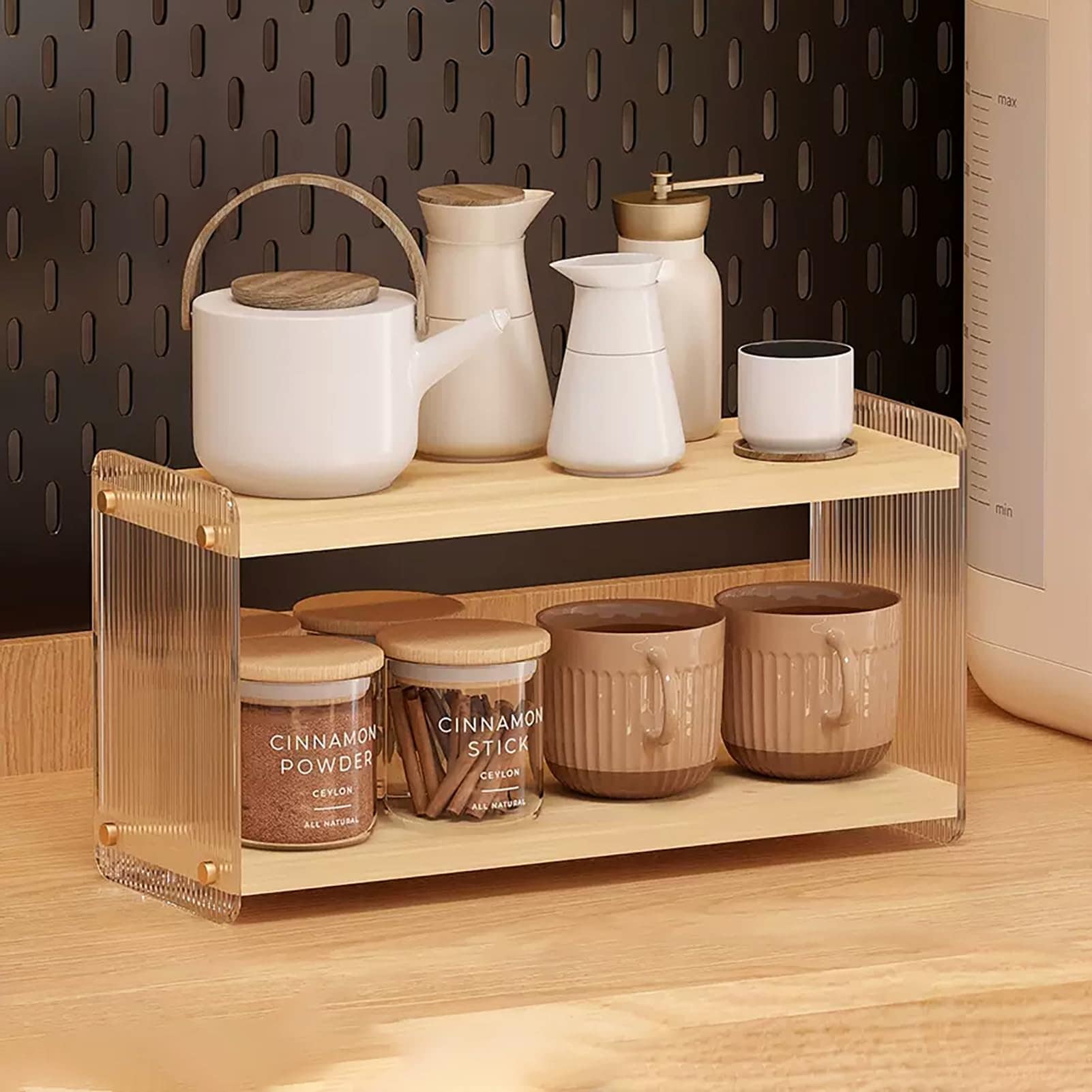 Misopily  2 Tier Under Cabinet Coffee Bar Organizer 15.7 x 5.7 x 7.8 Inch Acrylic Wood Shelf with Mug Hooks for Kitchen Countertop Storage 1 Piece