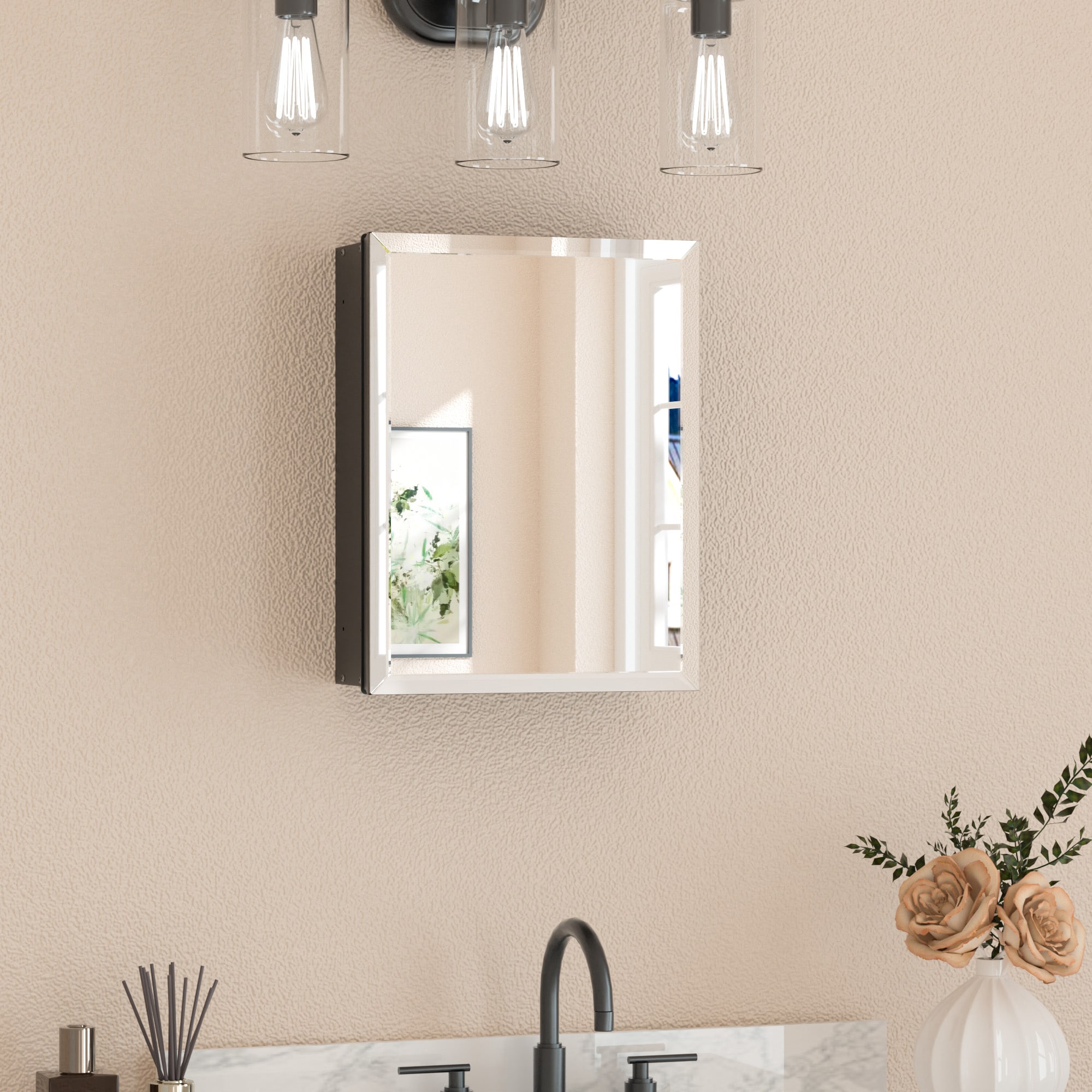 Keonjinn LW-JG-FJXP-3546-BK 14-in x 18-in Surface/Recessed Mount Black Mirrored Rectangle Soft Close Medicine Cabinet