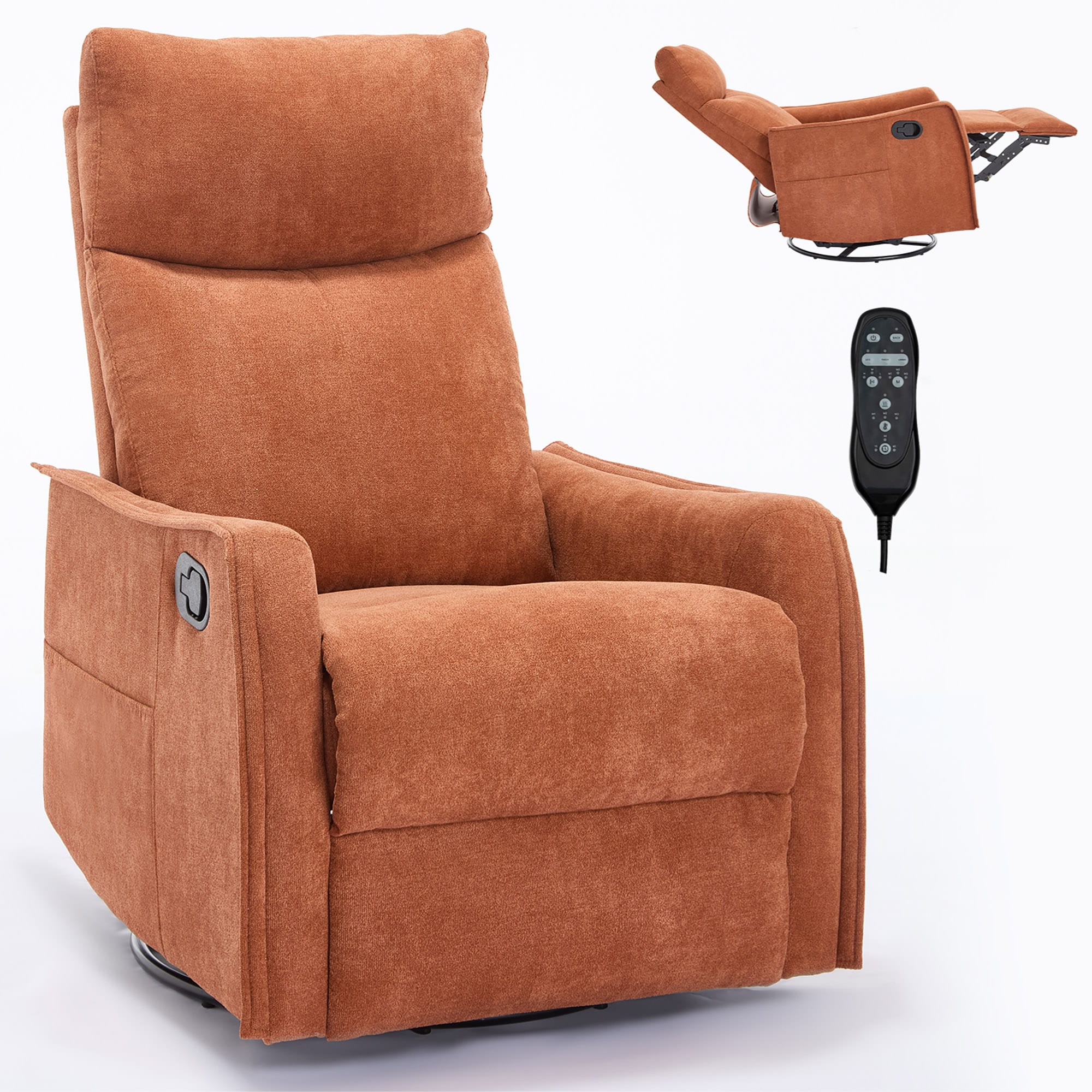 Sumyeg WF-BB-WF212660AAB Heat Massage Manual Recliner Chair with Rocker and Swivel Modern Orange Swivel Accent Chair