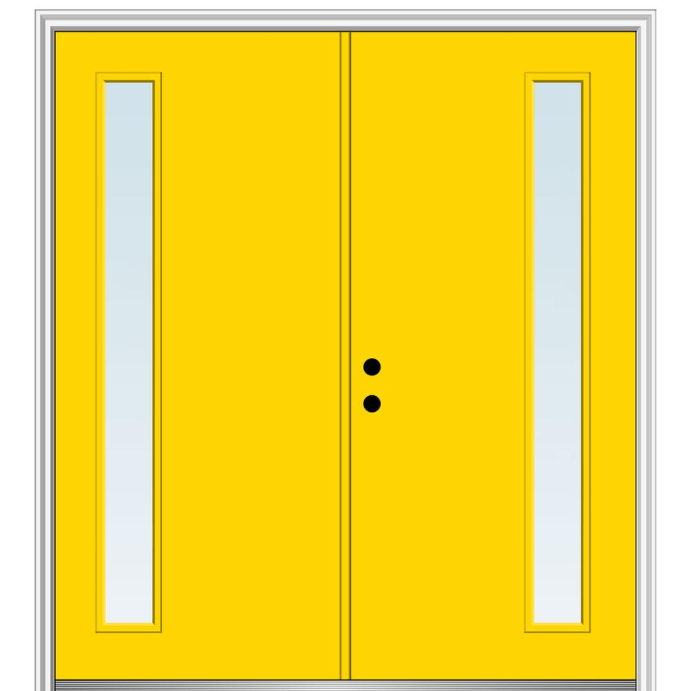 MMI DOOR ZZ345912R Spotlights 64-in x 80-in x 4-9/16-in Fiberglass Pulse lite Right-hand inswing Yellow Flash Painted Prehung Double Front Door with Brickmould Insulating core
