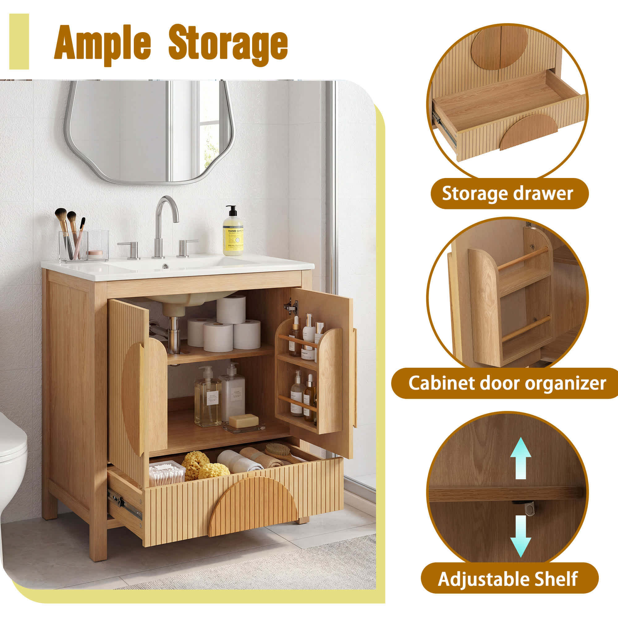 Vynxaria 30 Inch Freestanding Fluted Bathroom Vanity with Ceramic Sink ...