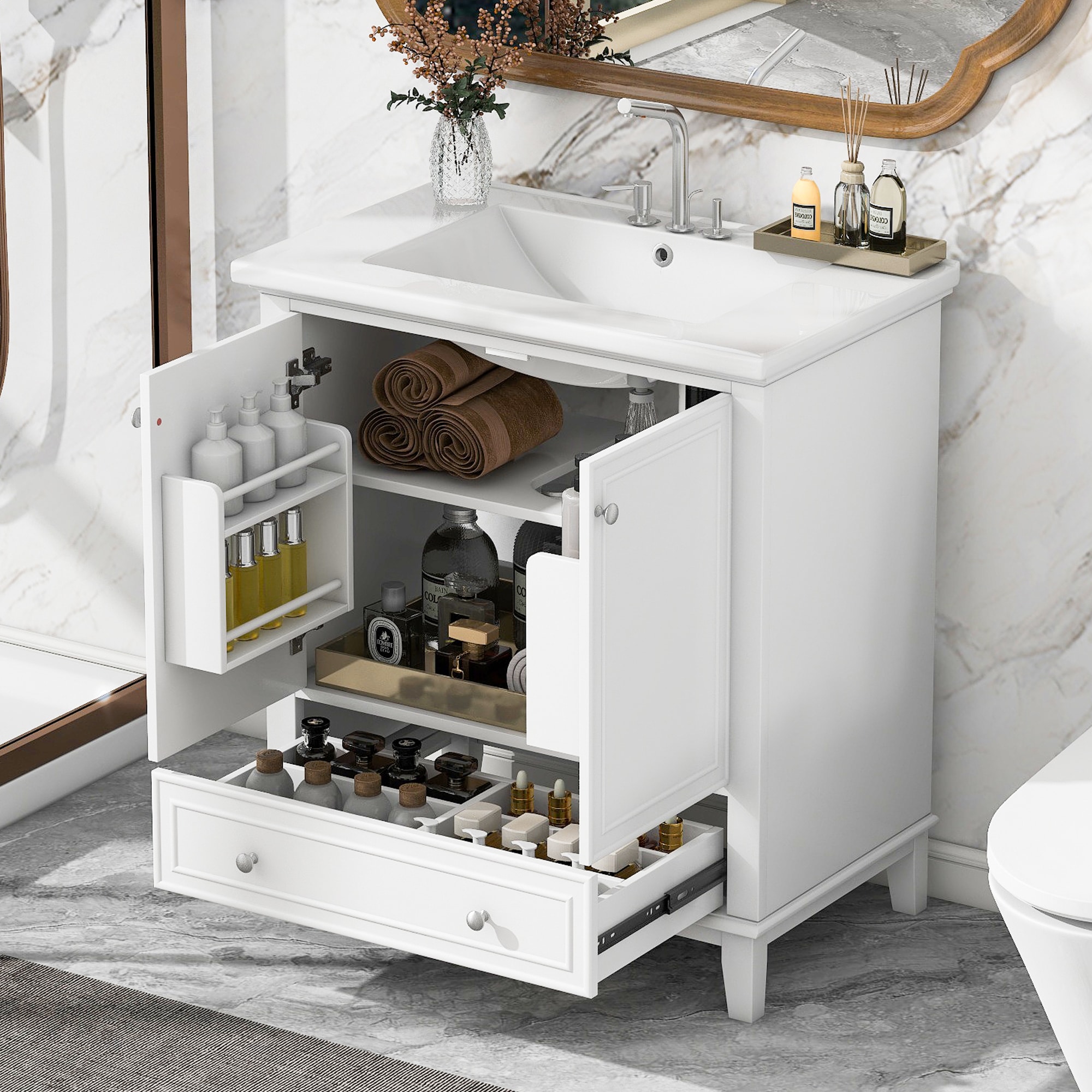ModernLuxe L3P-N725P221263K 30inch Bathroom Vanity with Sink Combo Multifunctional Bathroom Cabinet with Doors and Drawer Solid Frame and MDF Board White