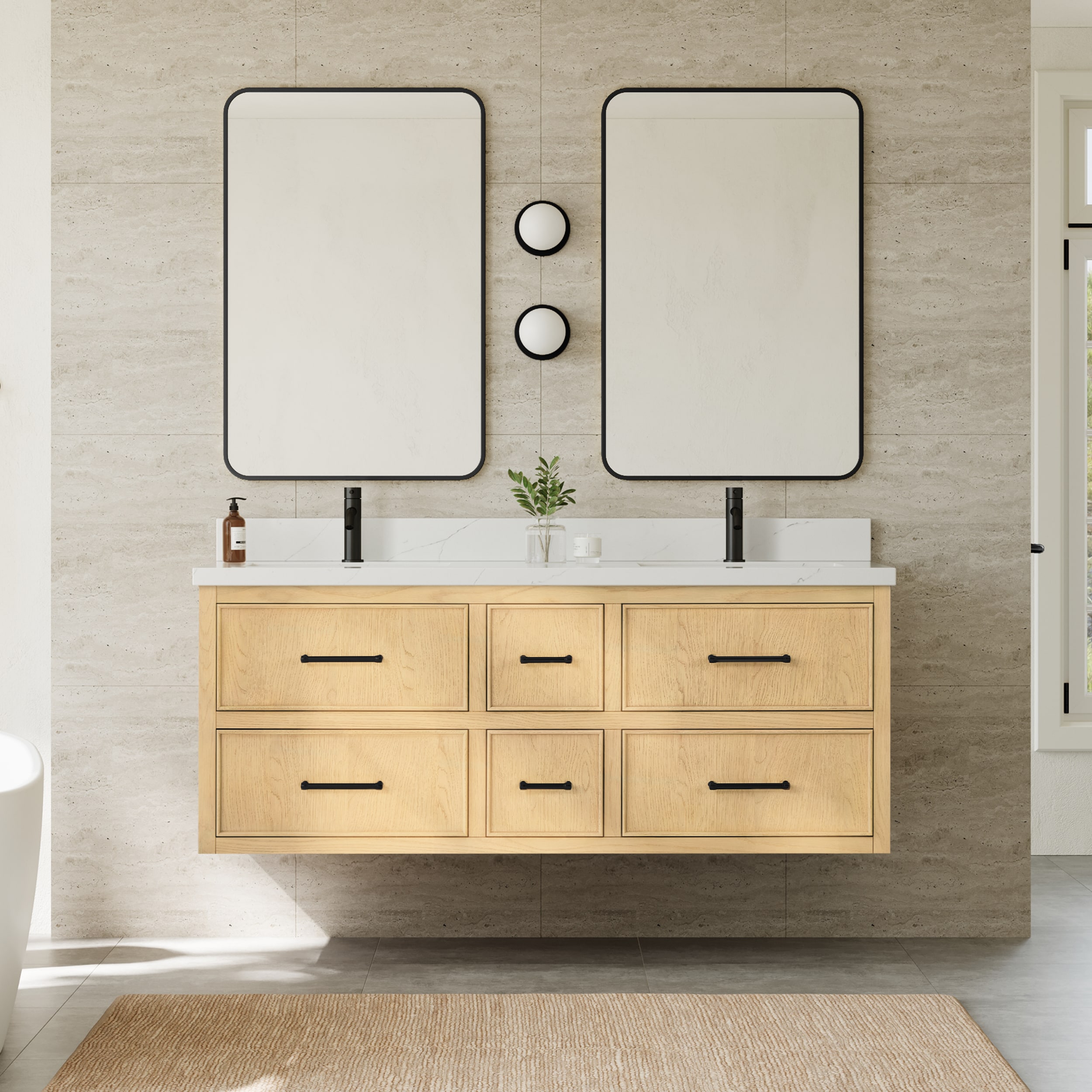 Wyndham Collection Isola WM 60 Inch Double Wall Mounted Bathroom Vanity in Scandinavian Oak, Giotto Quartz Countertop, Undermount Square Sinks (1-Hole), Matte Black Trim