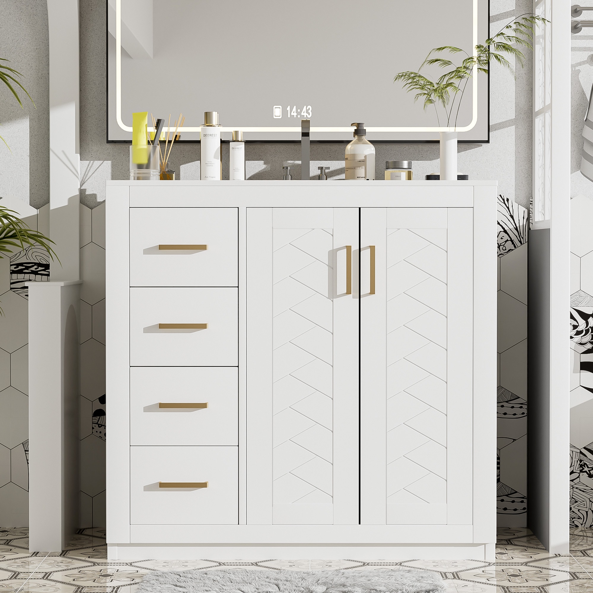 ModernLuxe L3P-N710P291684K 36inch Bathroom Vanity with Ceramic Sink Combo Solid Wood Frame Bathroom Storage Cabinet Freestanding Vanity Set with 3 Drawers Soft Closing Doors