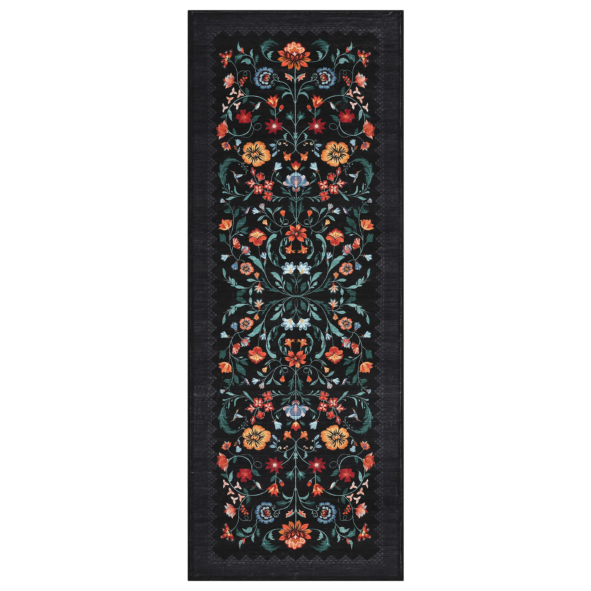 Qeetex SUNNY-PHK-34D5XQWF 2 x 6 ft Black Vintage Farmhouse Floral Print Laundry Bedroom Kitchen Bathroom Rectangular Soft Non Slip Machine Washable Runner Rug