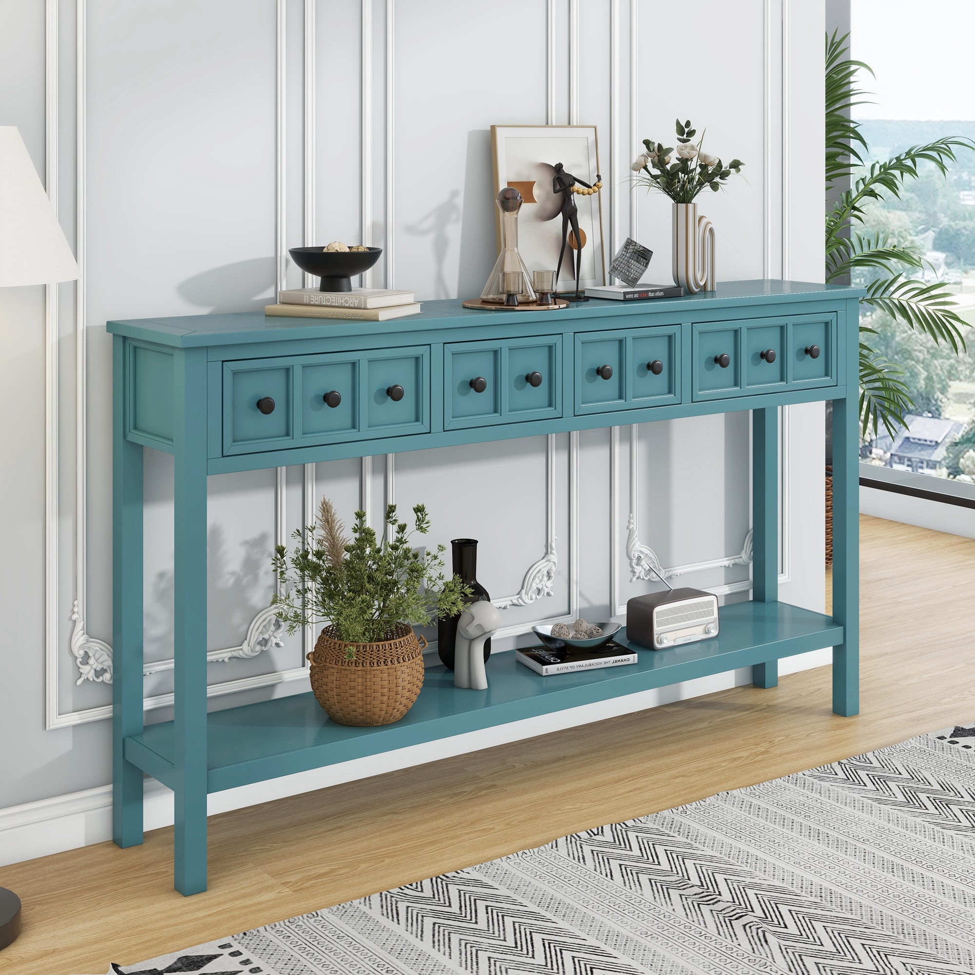 ModernLuxe WF281290AAC Rustic Entryway Console Table 60inch Long Sofa Table with two Different Size Drawers and Bottom Shelf for Storage Turquoise Green