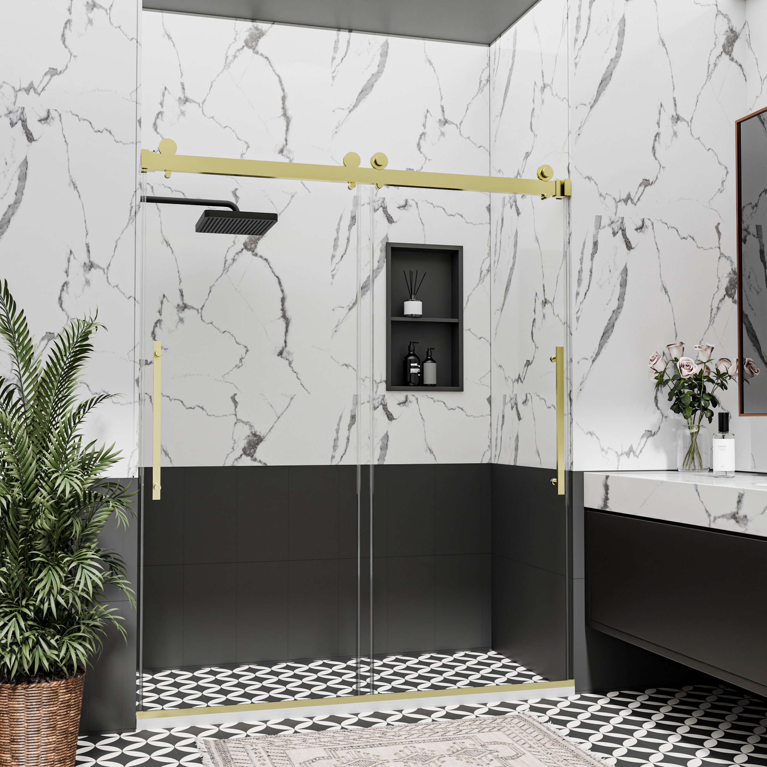 Yuaris 50 in.-54 in. W x 76 in. H Double Sliding Frameless Shower Door in Brushed Gold with Tempered Clear Glass
