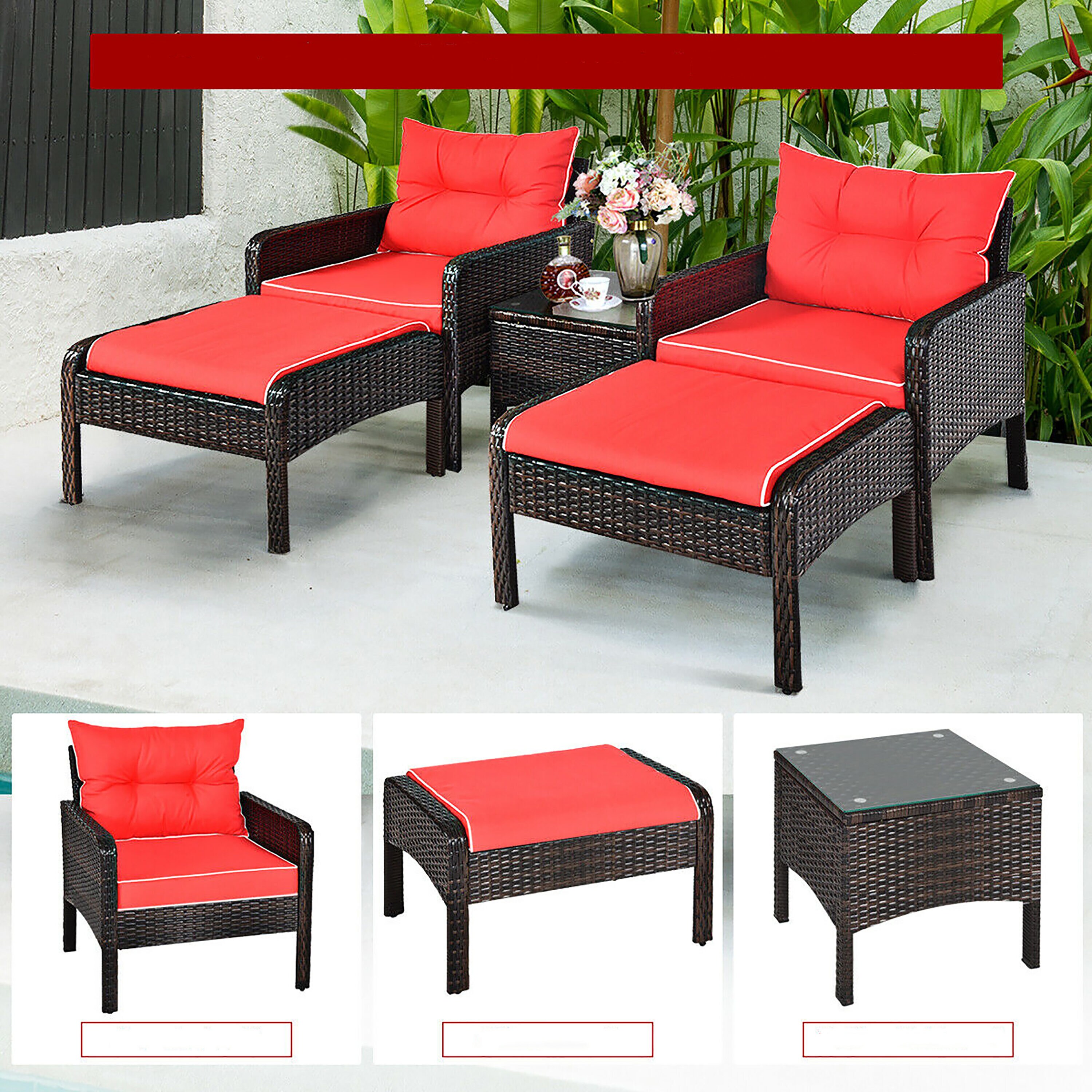 Red Cushioned 2 Person Brown Rattan Conversation Set with Glass Top Table
