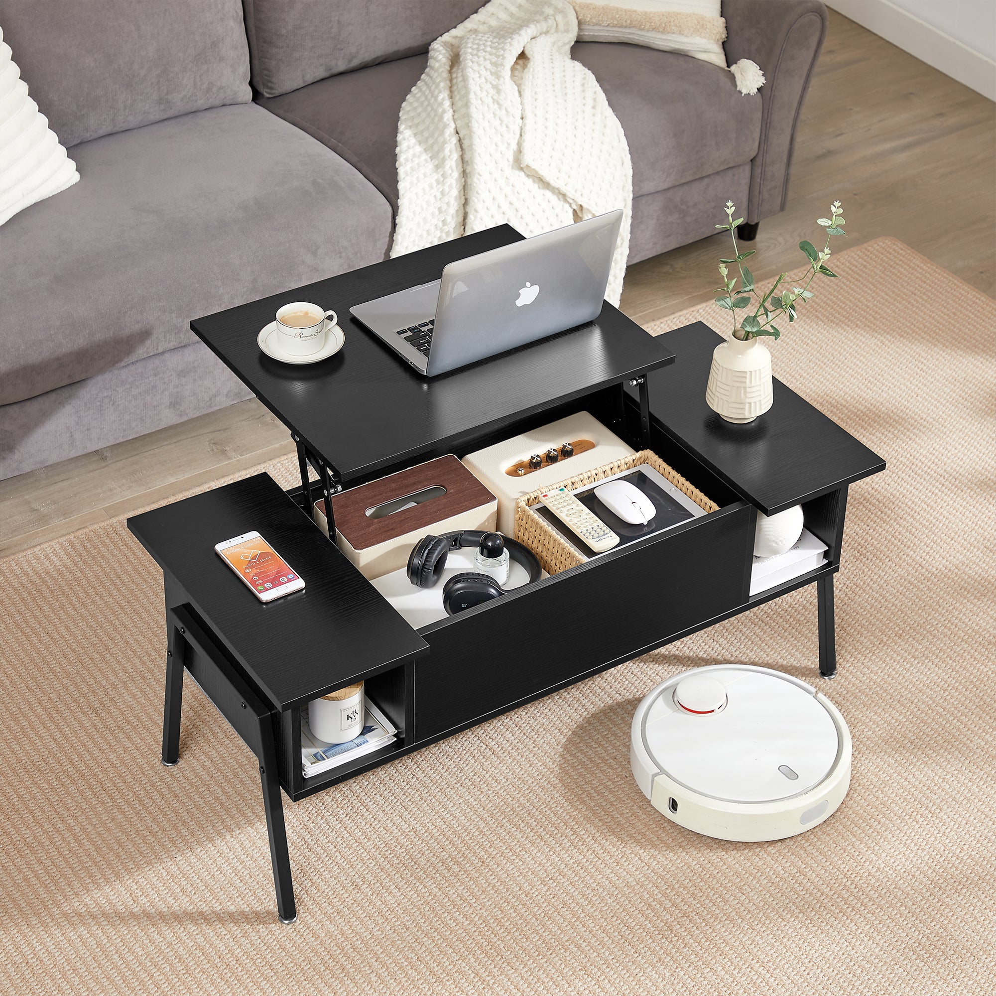 Vecelo LOE-COT06-BLK Lift Top Coffee Table with Hidden Compartment and Storage Shelf for Living Room Office Reception