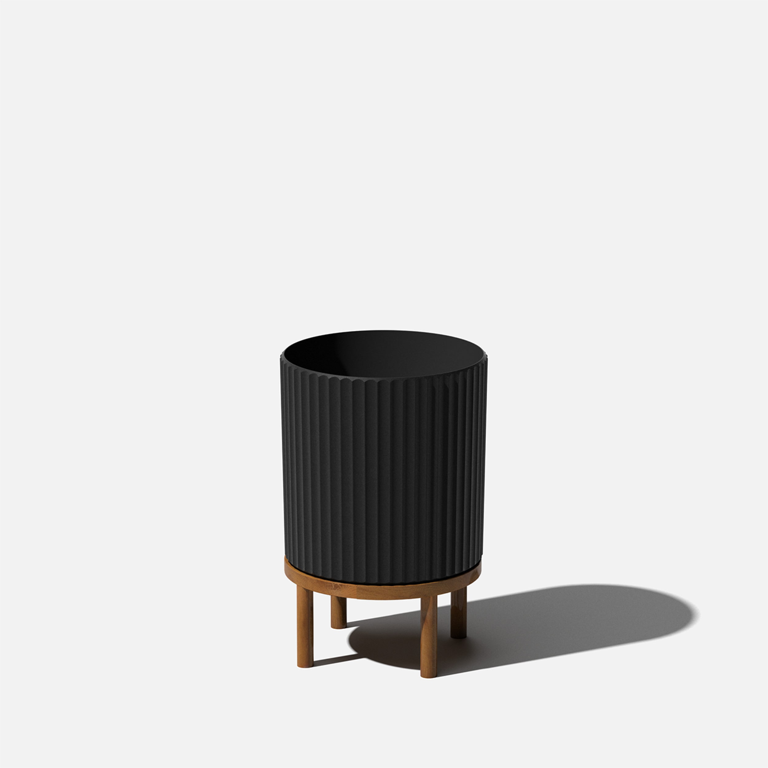 Demi 12" Black Fluted Planter with Acacia Wood Stand