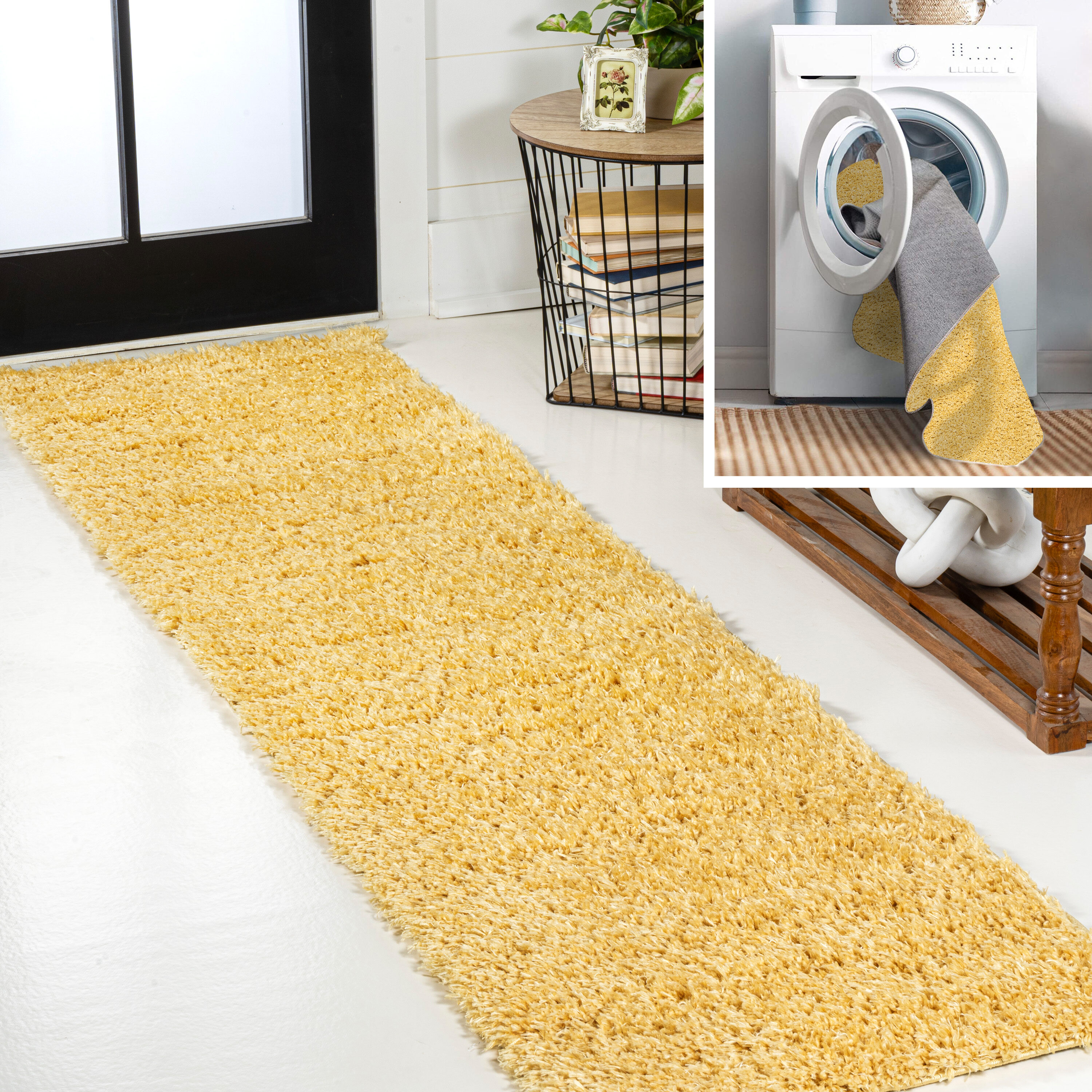 JONATHAN  Y WSH400F-28 WASHABLE Clayton Coastal Solid Glam Shag 2 x 8 (ft) Loomed Polyester Yellow Rectangular Indoor Solid Coastal Machine washable Runner rug