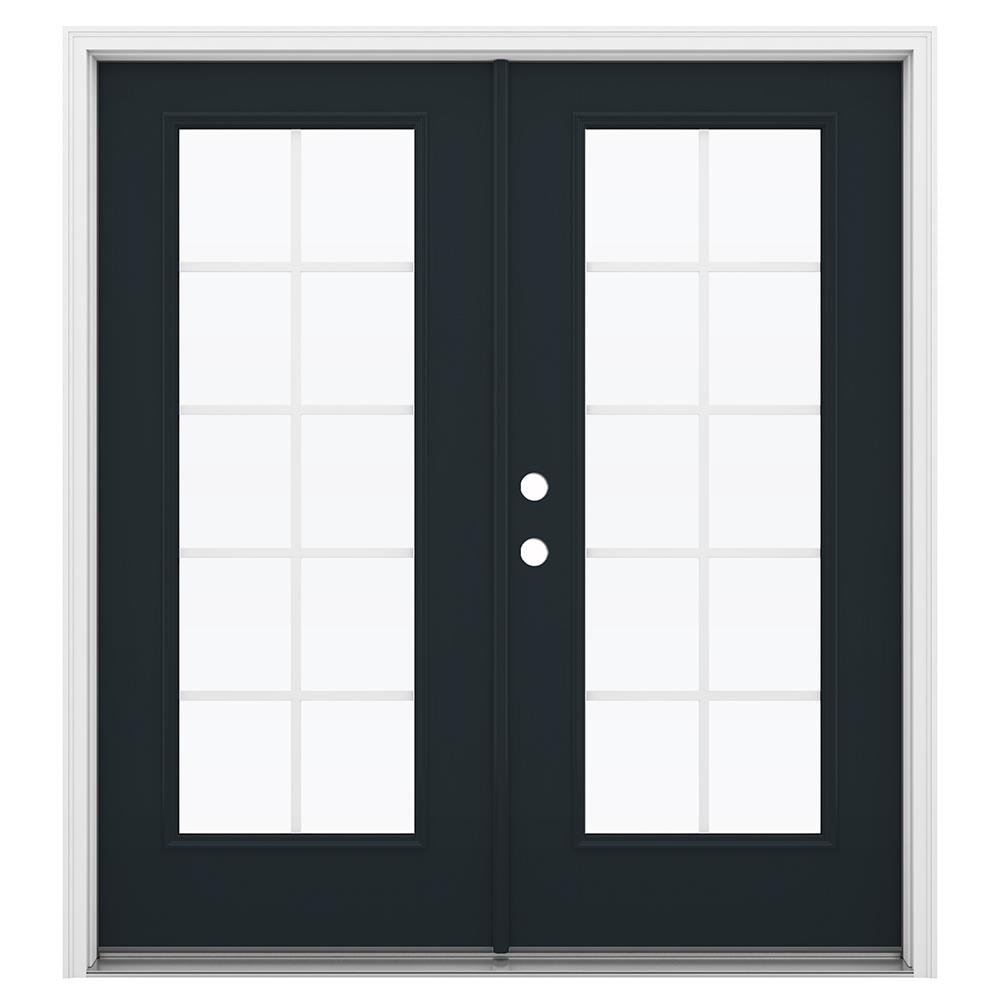 JELD-WEN LOWOLJW235000166 F-3500 72-in x 80-in x 4-9/16-in Jamb Low-E Grilles between the glass , Black Fiberglass Right-hand inswing French Double Patio Door Brickmould Included