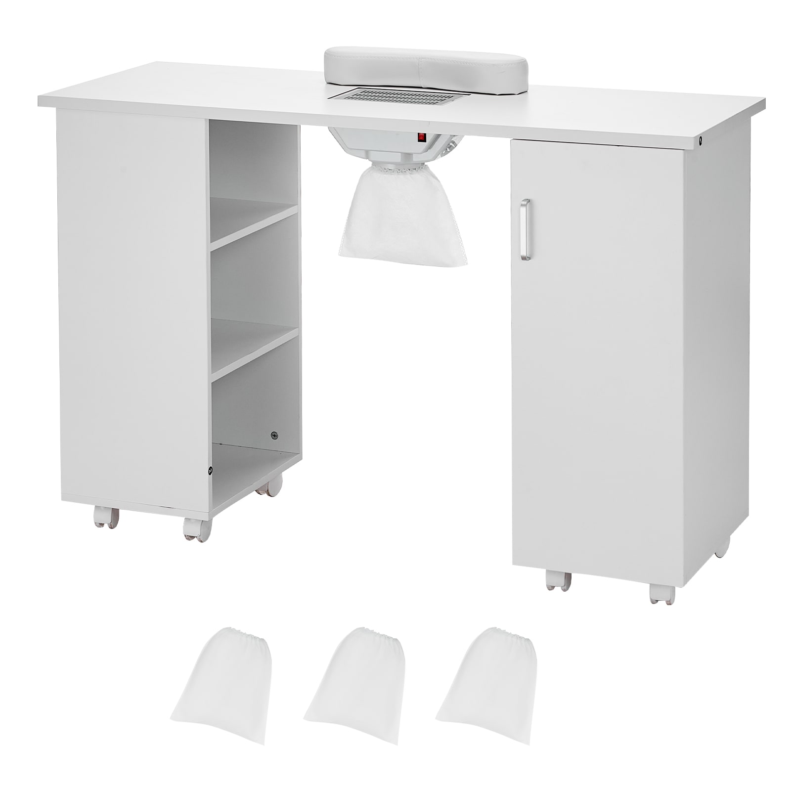 VEVOR SCMJTBSJSZXB02754V1 Manicure Table  Nail Table Station with Electric Dust Collector  Moveable Nail Tech Desk with 8 Wheels (4 Lockable)  3 Dust Bag and Wrist Rest  MDF Nail Art Workstation for Spa Beauty Salon  White