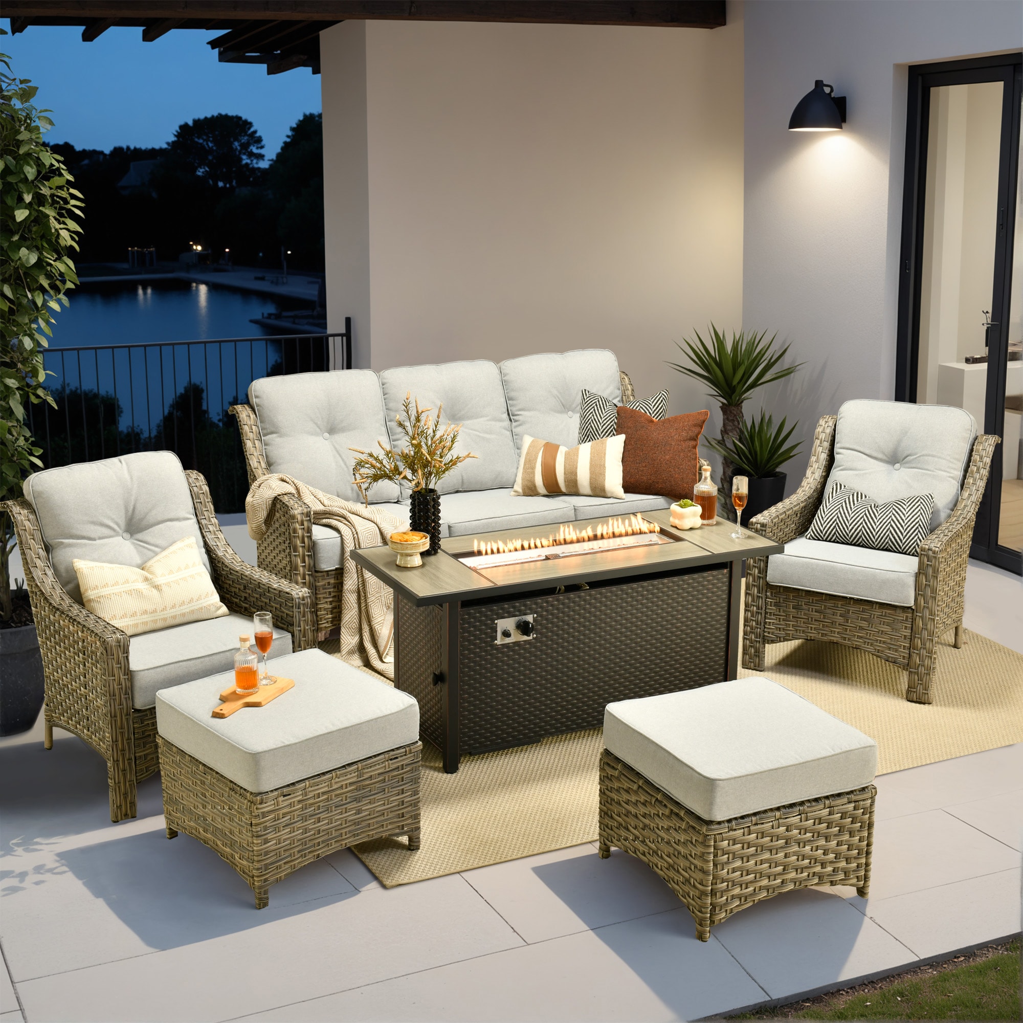 weaxty HMBCFP8503-PAD406 Aireno 6 -Piece Wicker Patio Sofa Conversation Set with Gray Cushions
