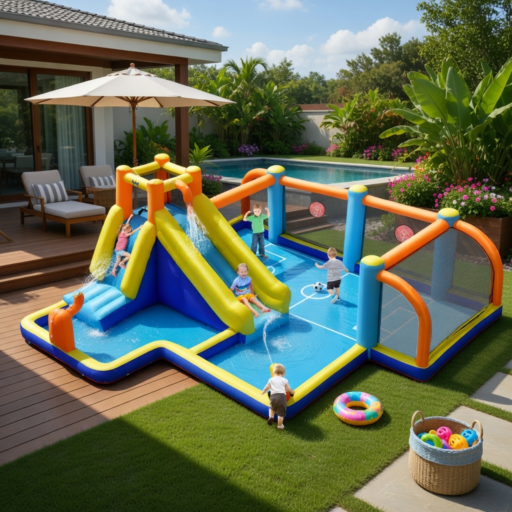 VERYKE Giant Inflatable Soccer Water Slide for Kids 3 12 735W Blower Dual Water Cannons Safety Handrails and Carry Bag Included