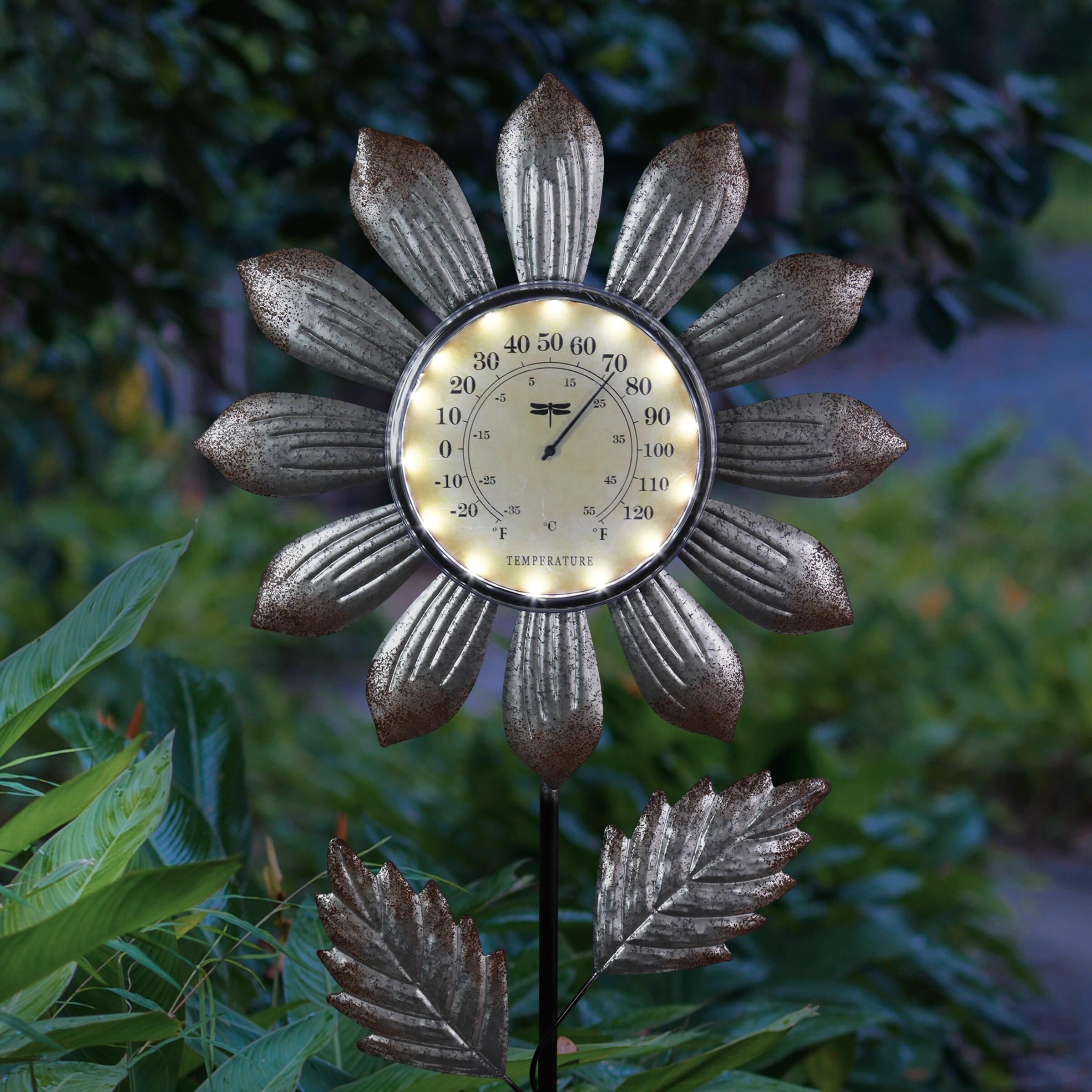 Pink Petals Garden Stake Outdoor Thermometer