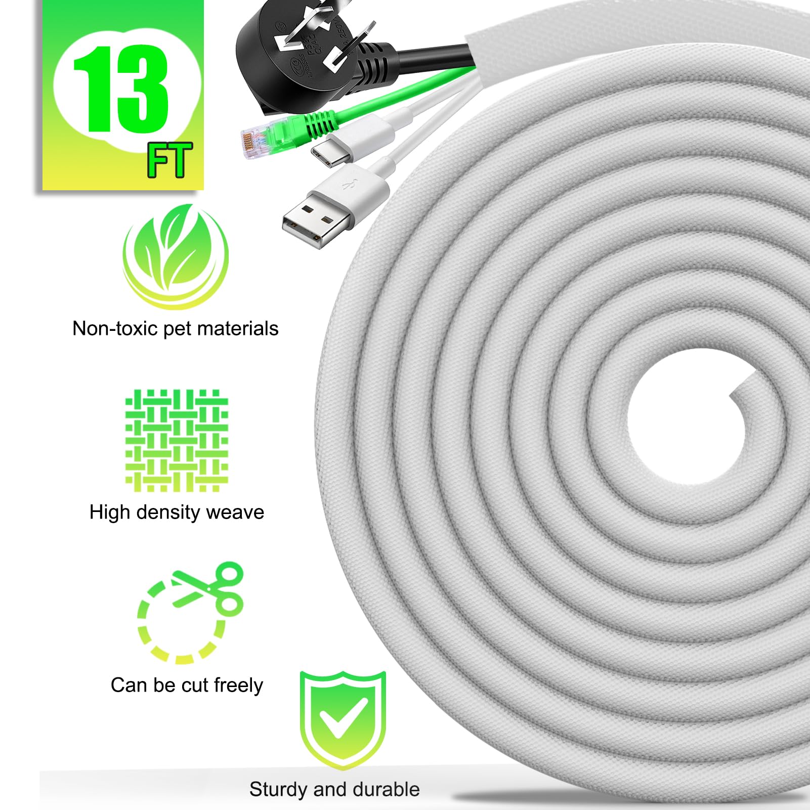 Aoibox 13 ft White Braided PET Cord Protector Sleeve with Expandable ...