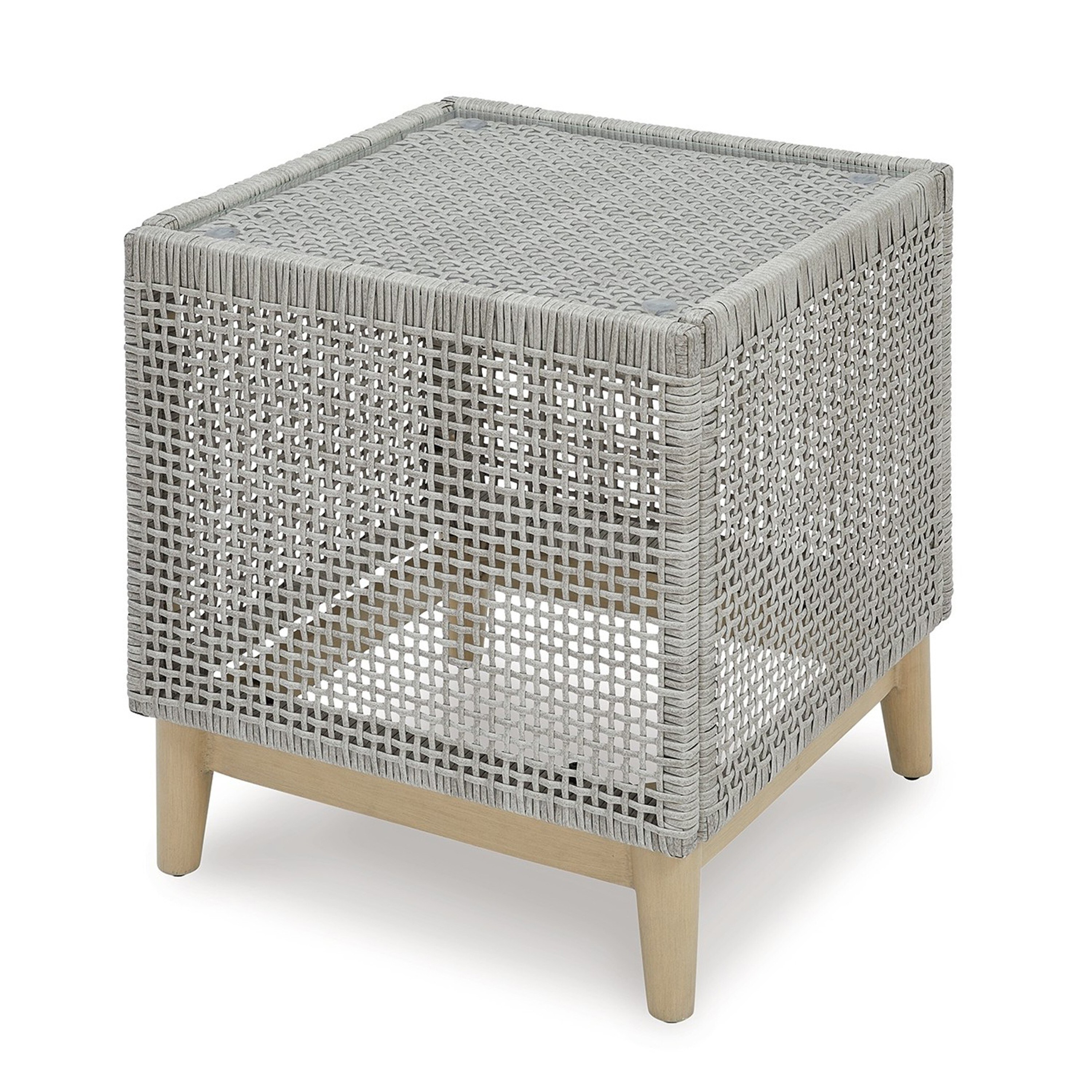 Gray Square Resin Wicker Outdoor End Table with Glass Top