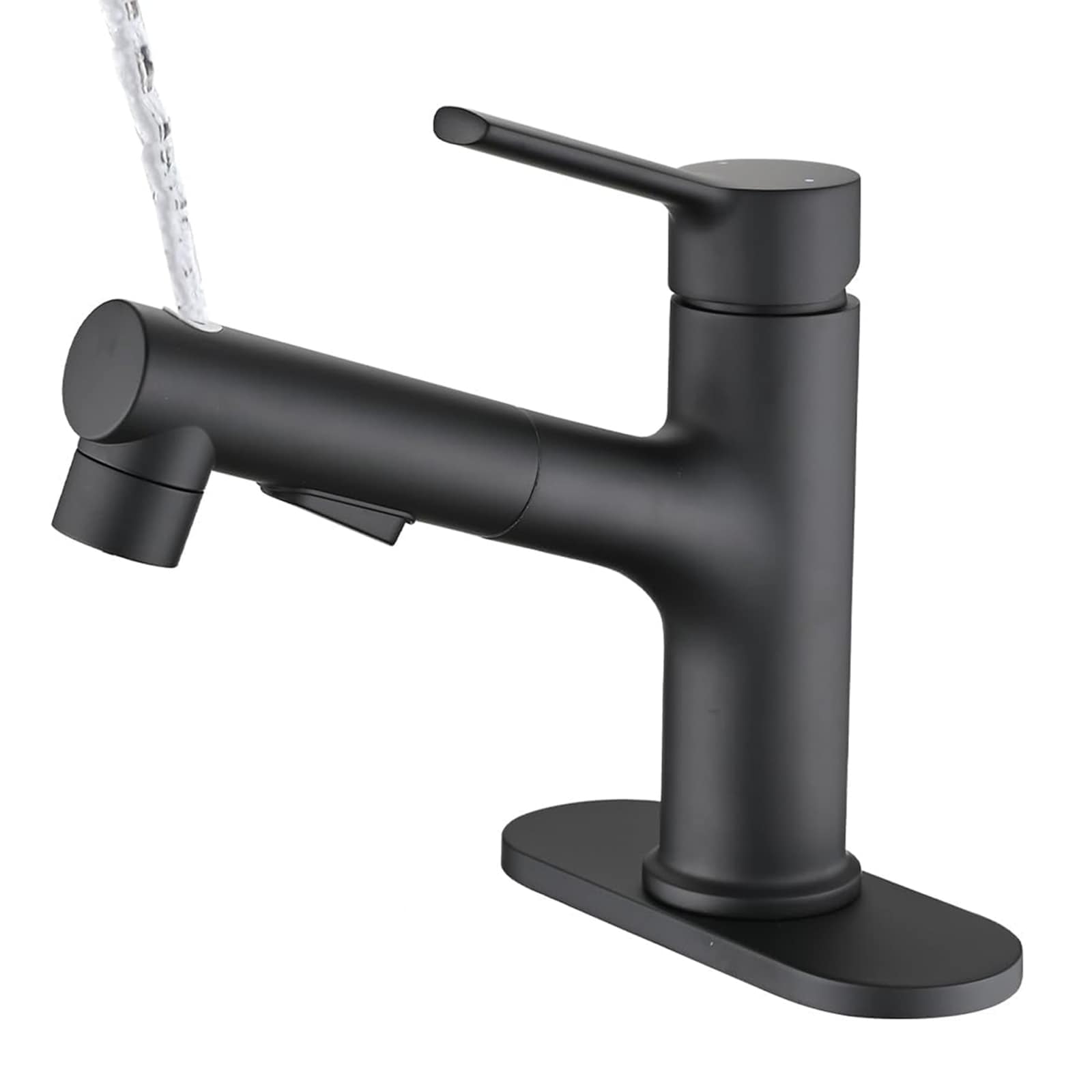 Misopily 1 Piece Matte Black Bathroom Sink Faucet Pull Out Sprayer 3 Spray Modes Single Handle Pop Up Drain Deck Plate 1 or 3 Hole 4 Inch