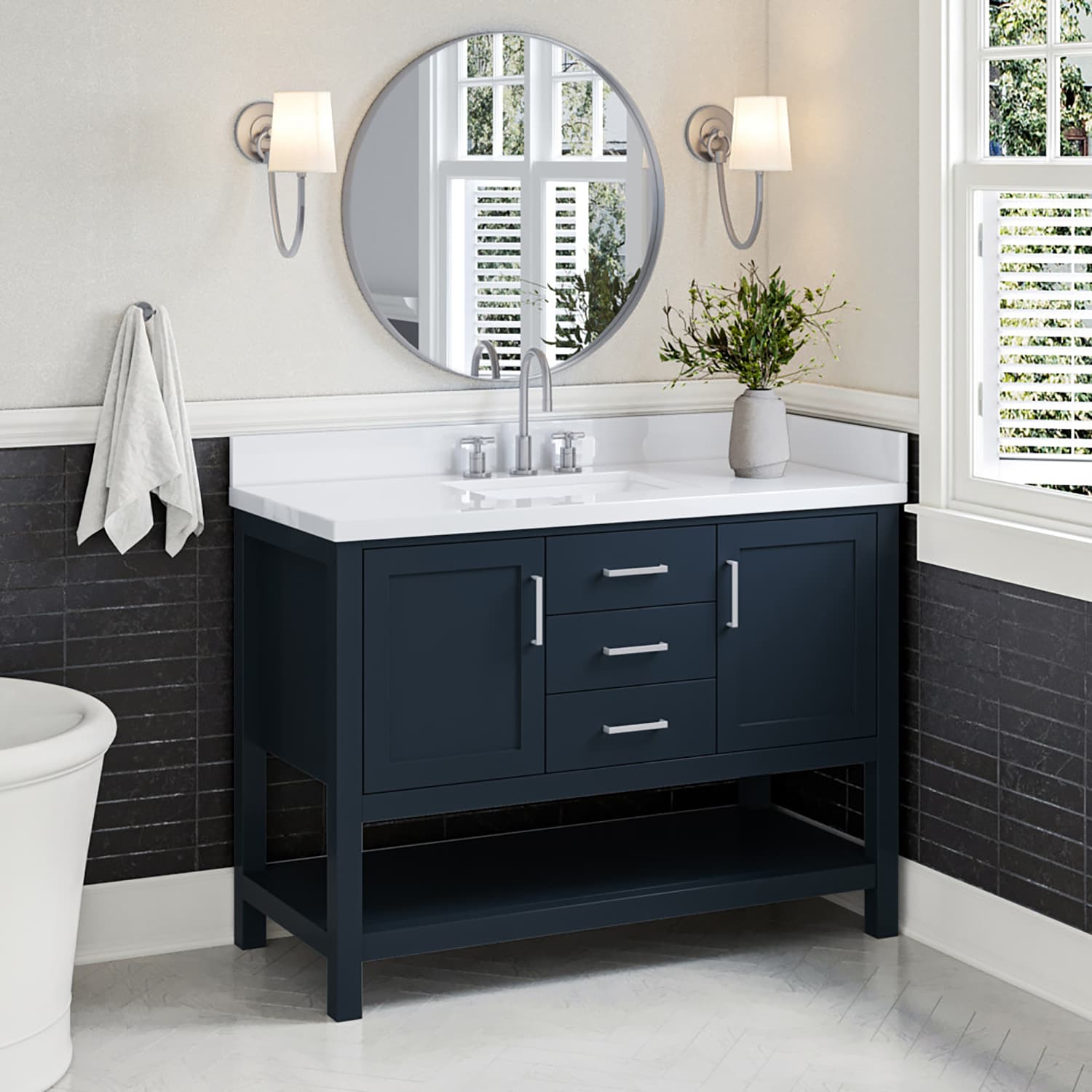 ARIEL R049SWQRVOMNB Bayhill 49-in Midnight Blue Undermount Single sink Bathroom Vanity with Pure White Quartz Quartz Top