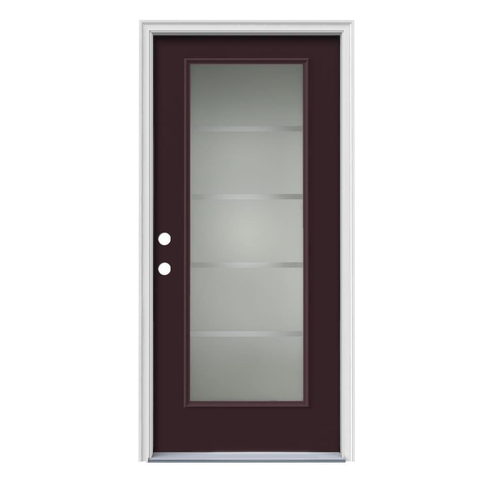 JELD-WEN LOWOLJW166501273 Crosslines 36-in x 80-in Steel Full Lite Right-Hand Inswing Currant Painted Prehung Front Door with Brickmould Insulating Core