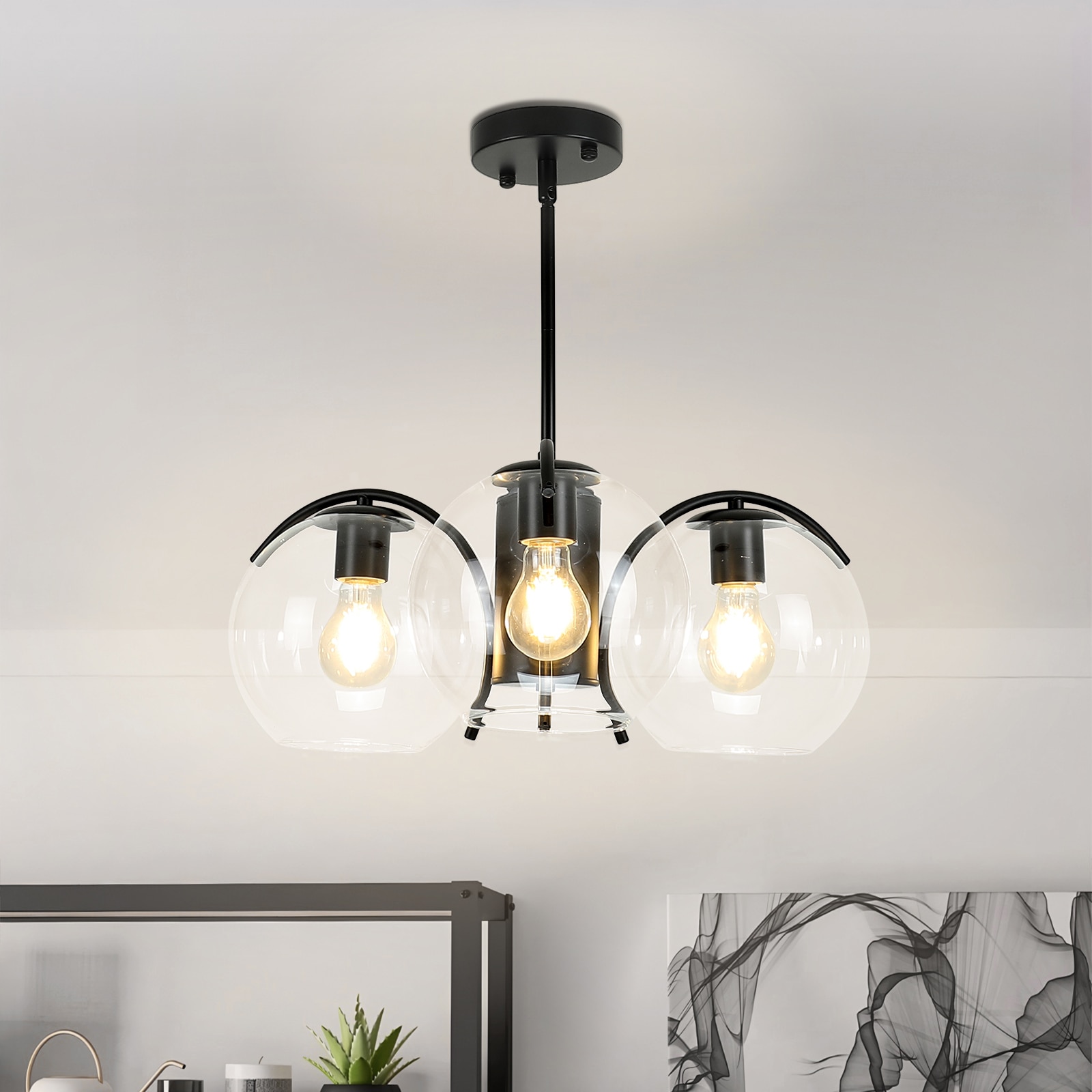 JOOSENLUX 3-Light Black Modern Globe Chandelier with Clear Glass Shades for Kitchen Island Dining Room E26 Base