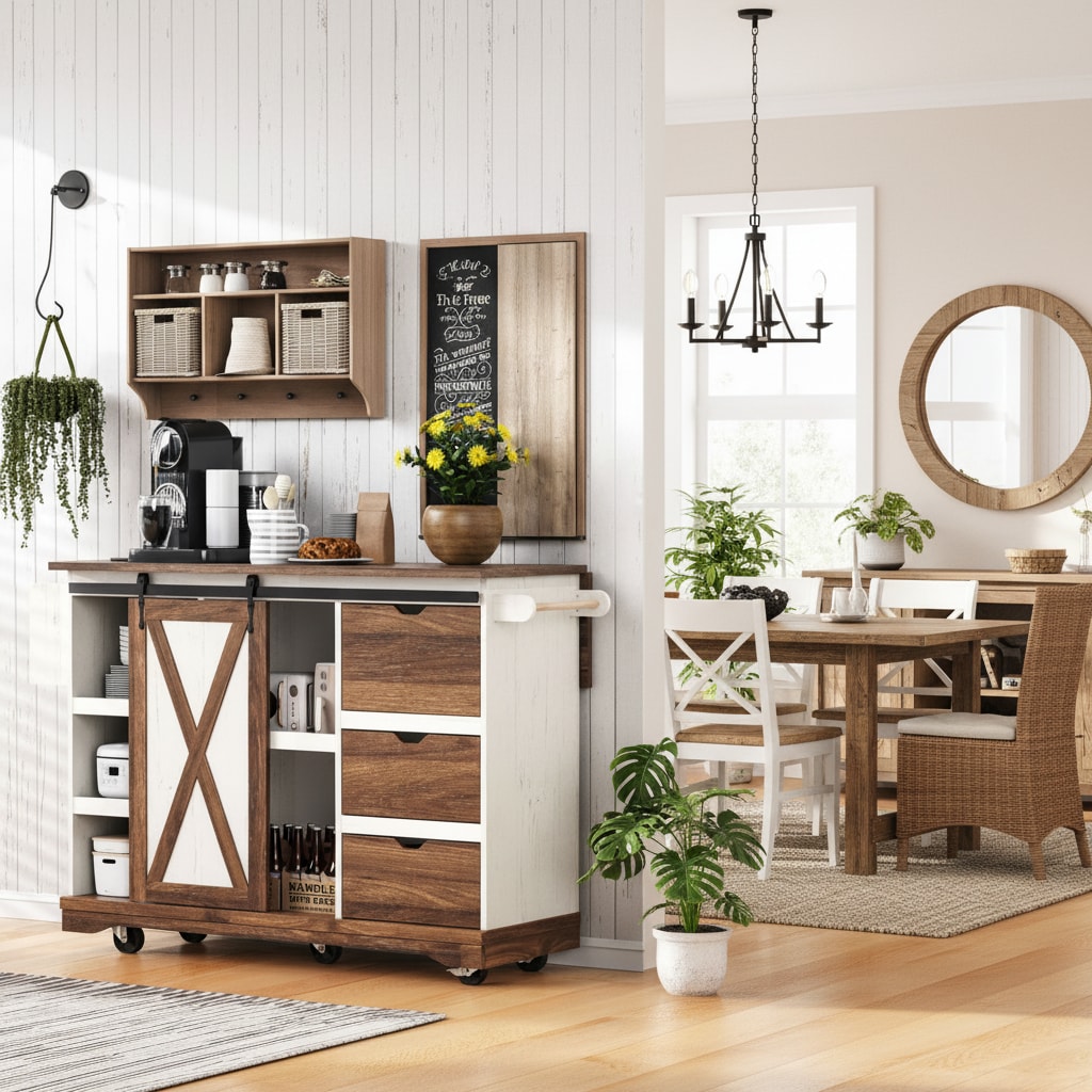 Homy Casa Rustic Walnut and Antique White with Charcoal Gray Top Kitchen Island
