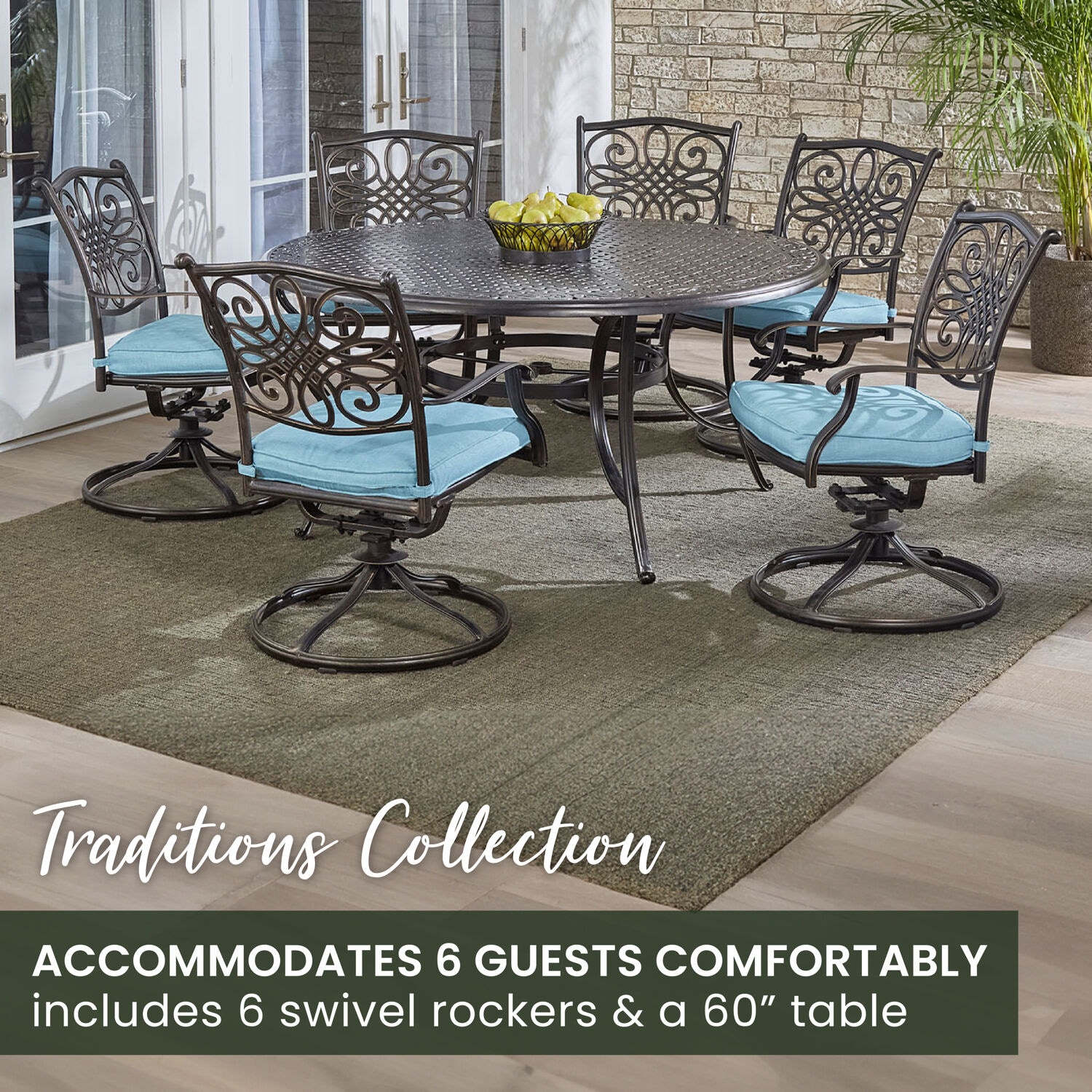 Bronze Cast Aluminum Round Outdoor Dining Set with Blue Cushions