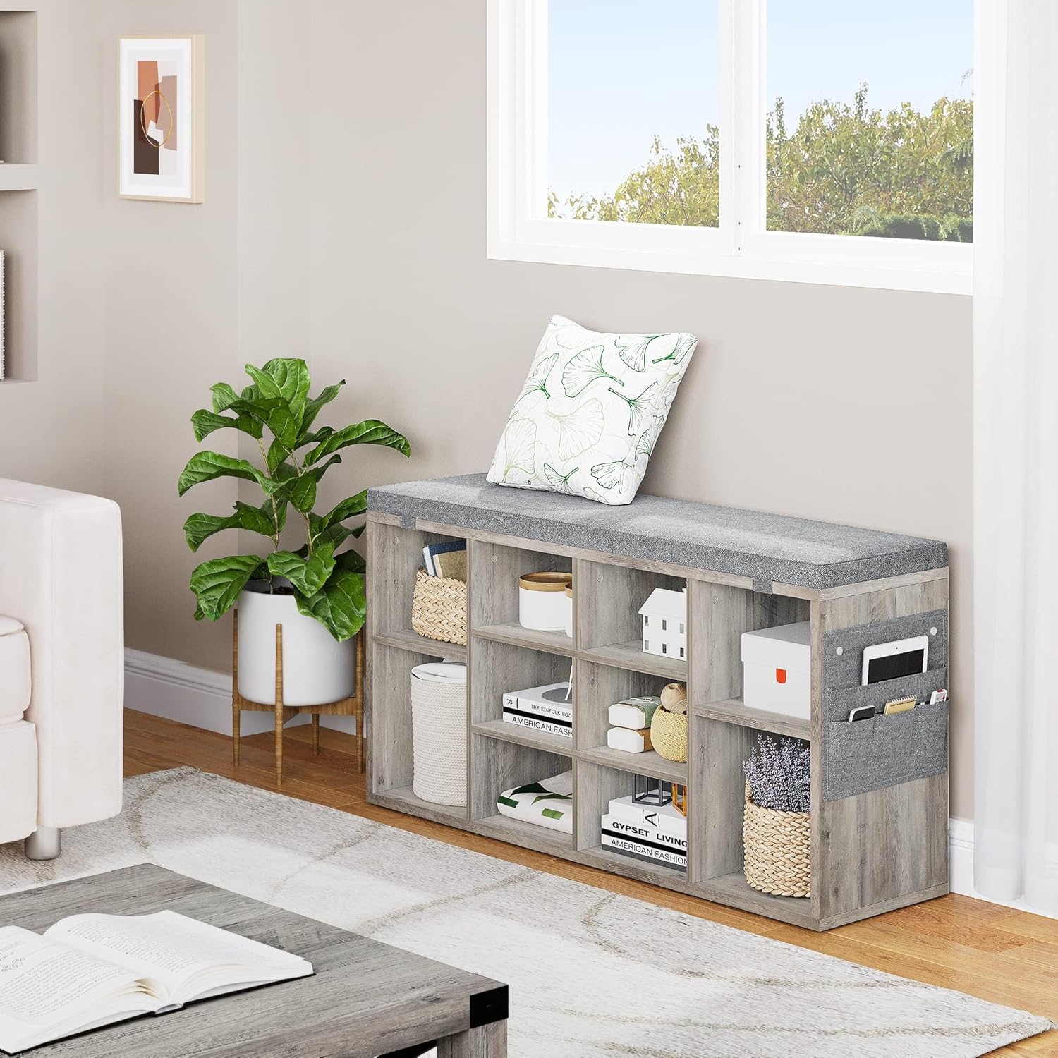 WhizMax IWAN-PHO-0VP5NW44 41 Inches Entryway Shoe Storage Cabinet Bench with 10 Cubbies Shoe Rack with Cushion