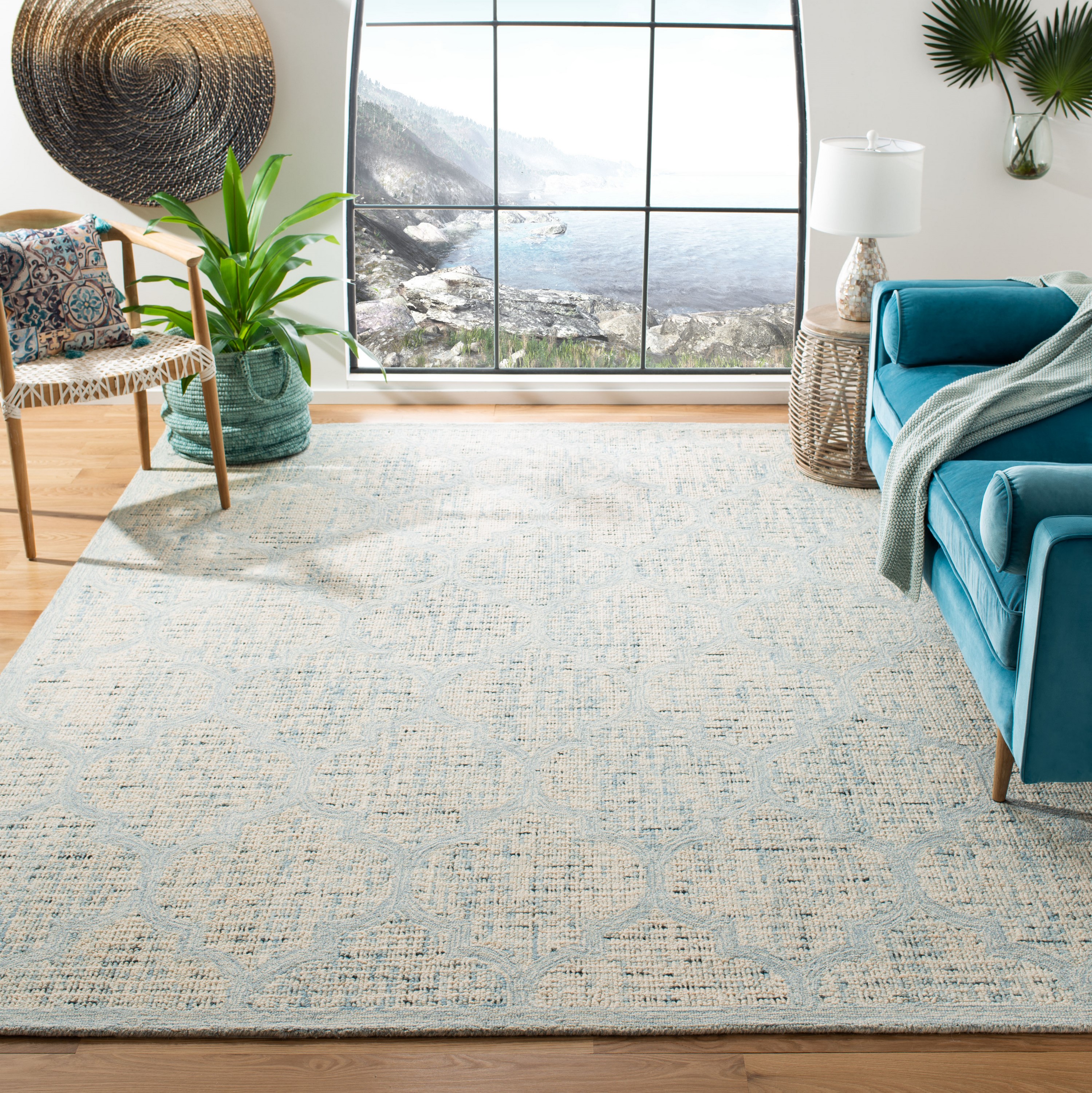 Safavieh ABT474K-8 Abstract Cerrone 8 x 10 (ft) Tufted Wool Ivory/Turquoise Rectangular Indoor Trellis Farmhouse/Cottage Area rug