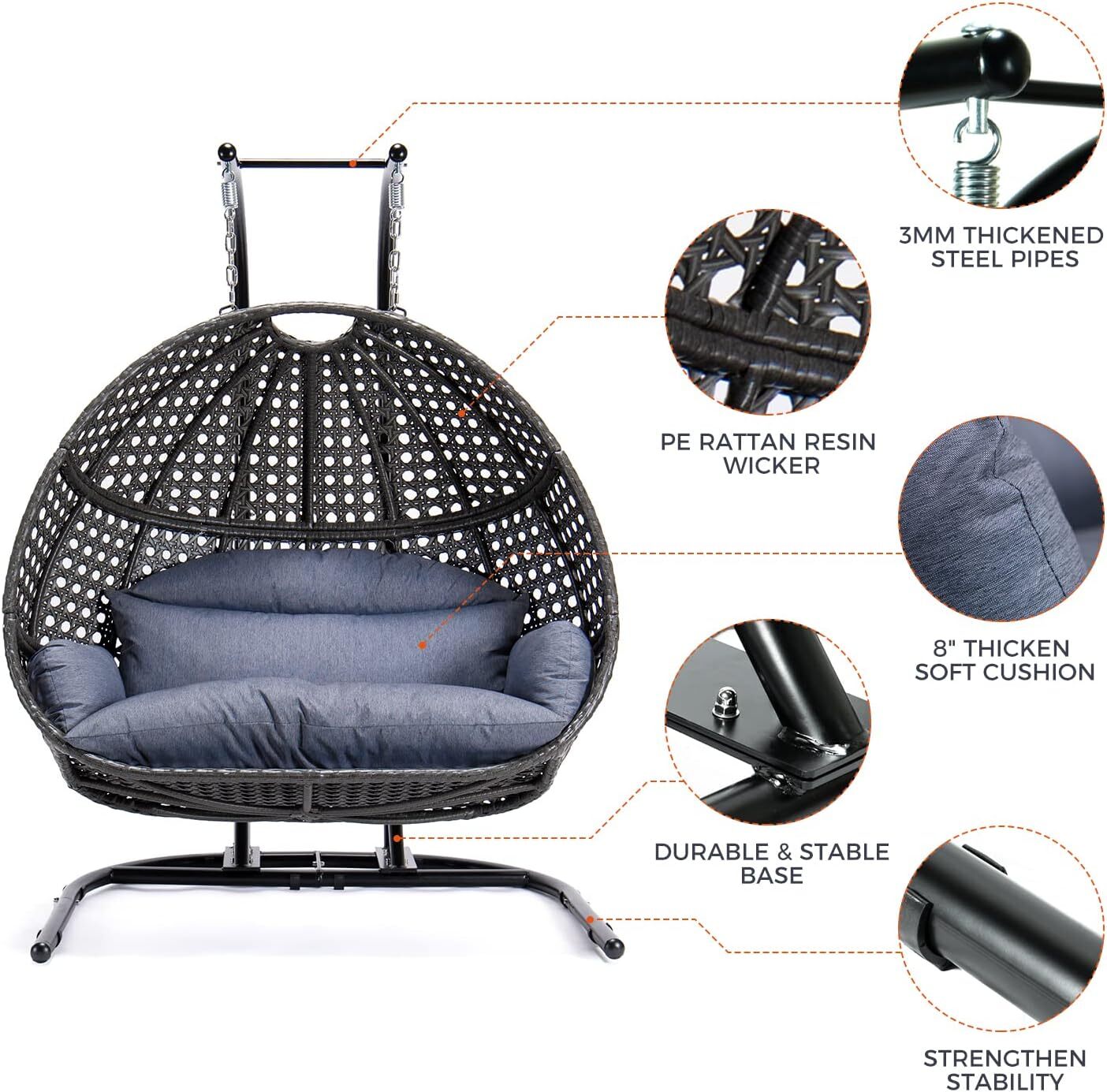 Upland Swing Chair Wicker Black Iron Frame Hanging Egg Chair with Blue ...