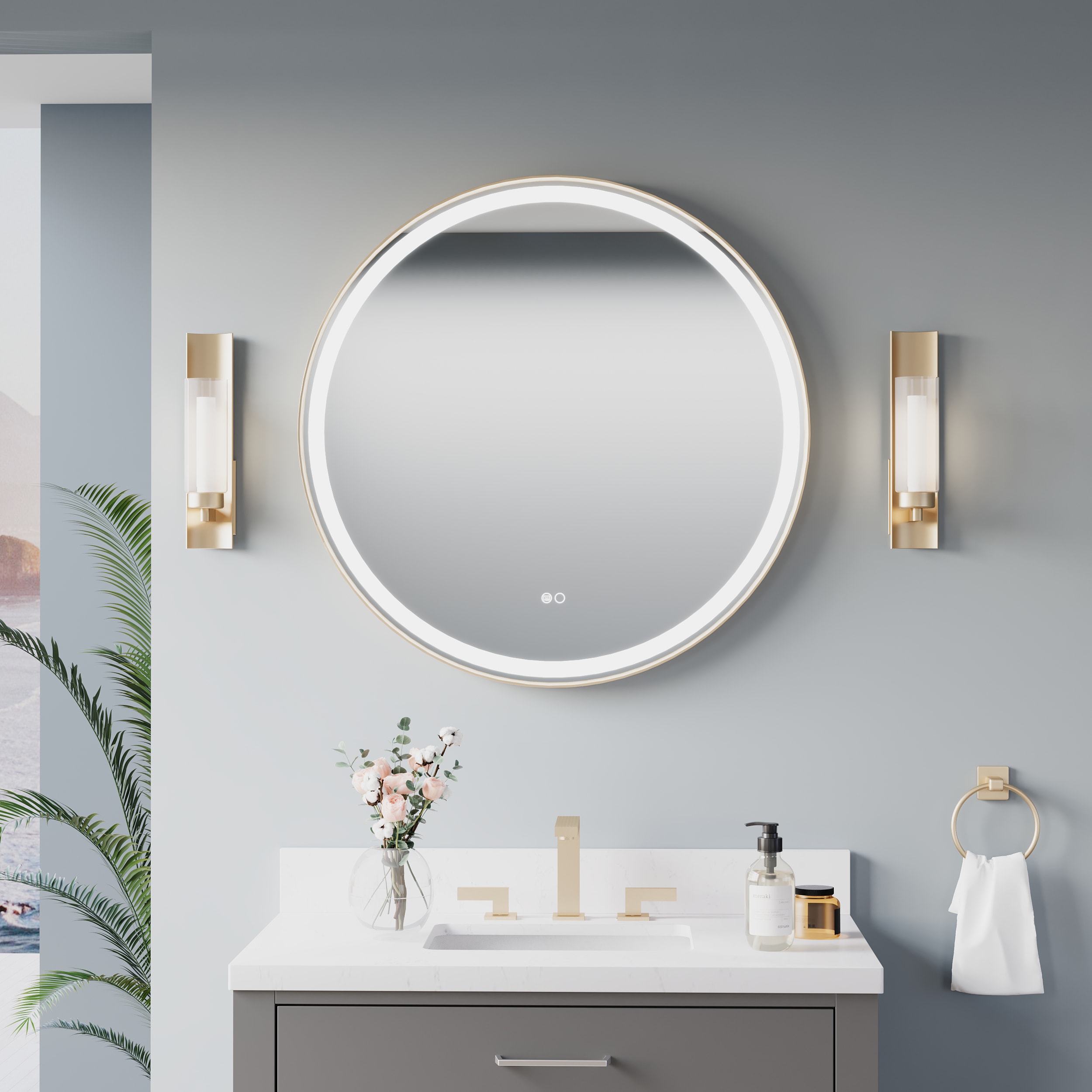WELLFOR EX-2MC2026LBK BONIE LED Mirror 32-Inches x 32-Inches Framed Round Lighted Fog Free Bathroom Vanity Mirror ( Brushed Gold )