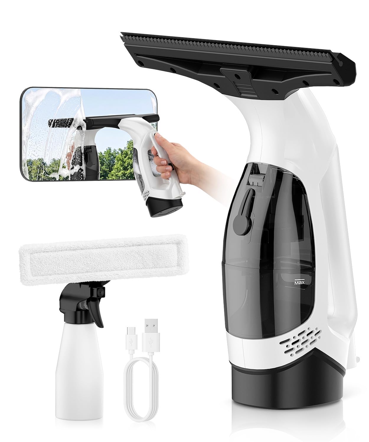 Afoxsos  Cordless Electric Window Cleaner Tool with Spray Microfiber Pad and Powerful Suction for Glass Shower Doors Mirrors Tiles and Car Windows