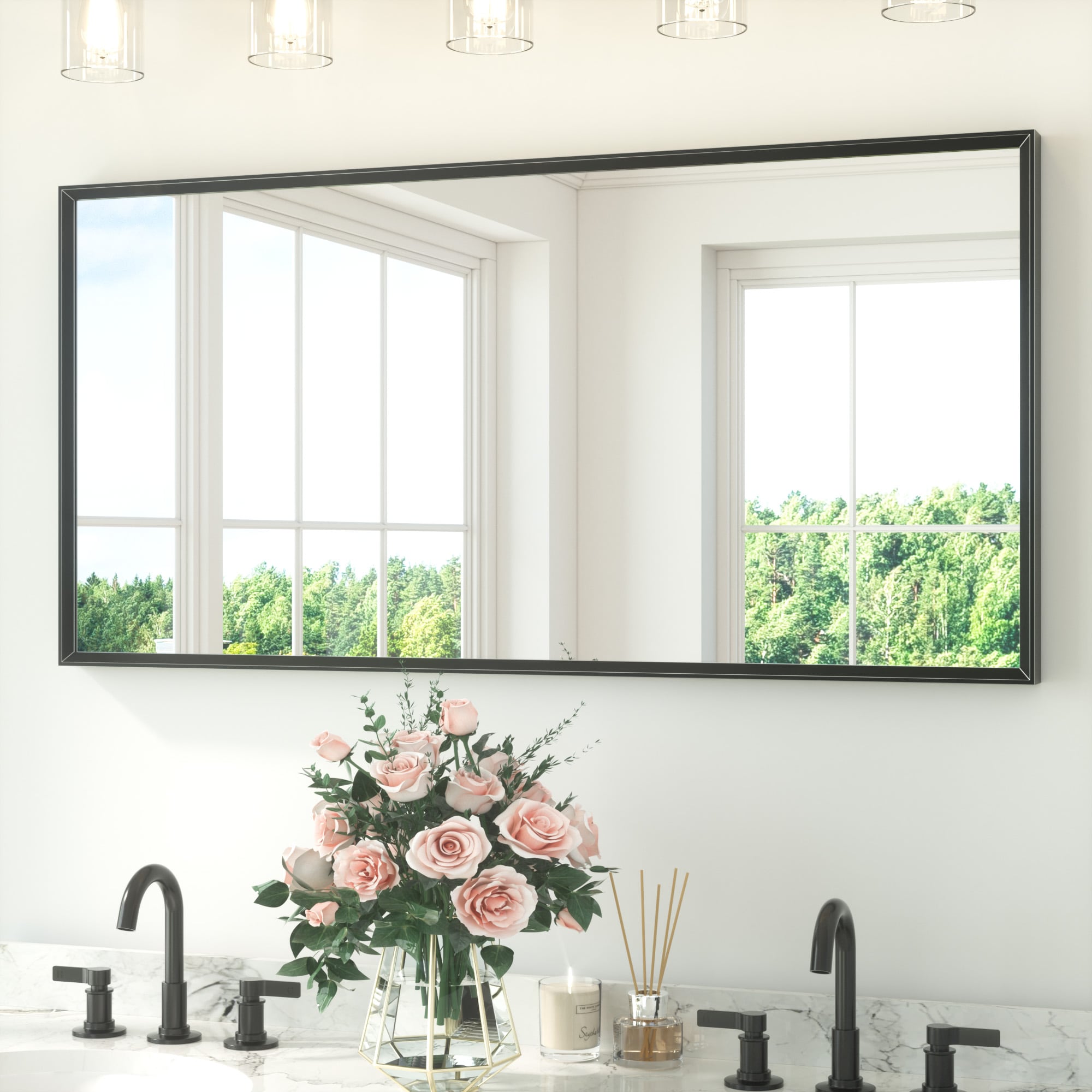 TETOTE 48x24 Inch Matte Black Rectangle Beveled Framed Bathroom Vanity Mirror