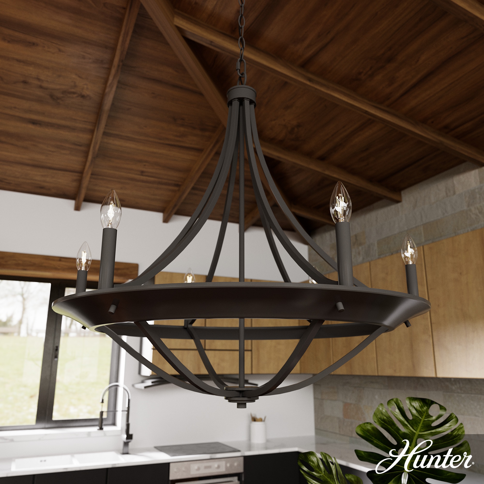 Hunter 19414 Perch Point 6 -Light Satin Bronze Transitional For Use in Bedrooms, Dining Rooms, Foyers, Kitchens, Living Rooms Chandelier