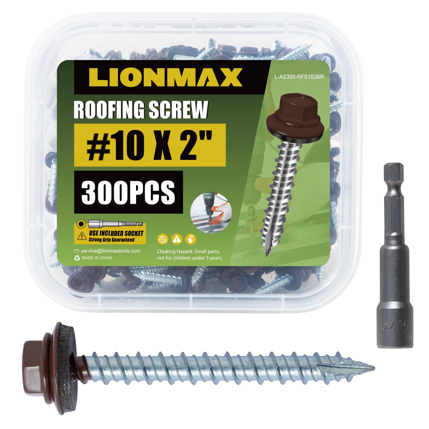 LIONMAX  Metal Roofing Screws 10 x 2 Inch 300PCS Brown with Rubber Washer Rustproof Sheet Metal to Wood Siding Screw EPDM Washer Self Tapping Hex Socket Included Sharp Point for Siding Pole Barn