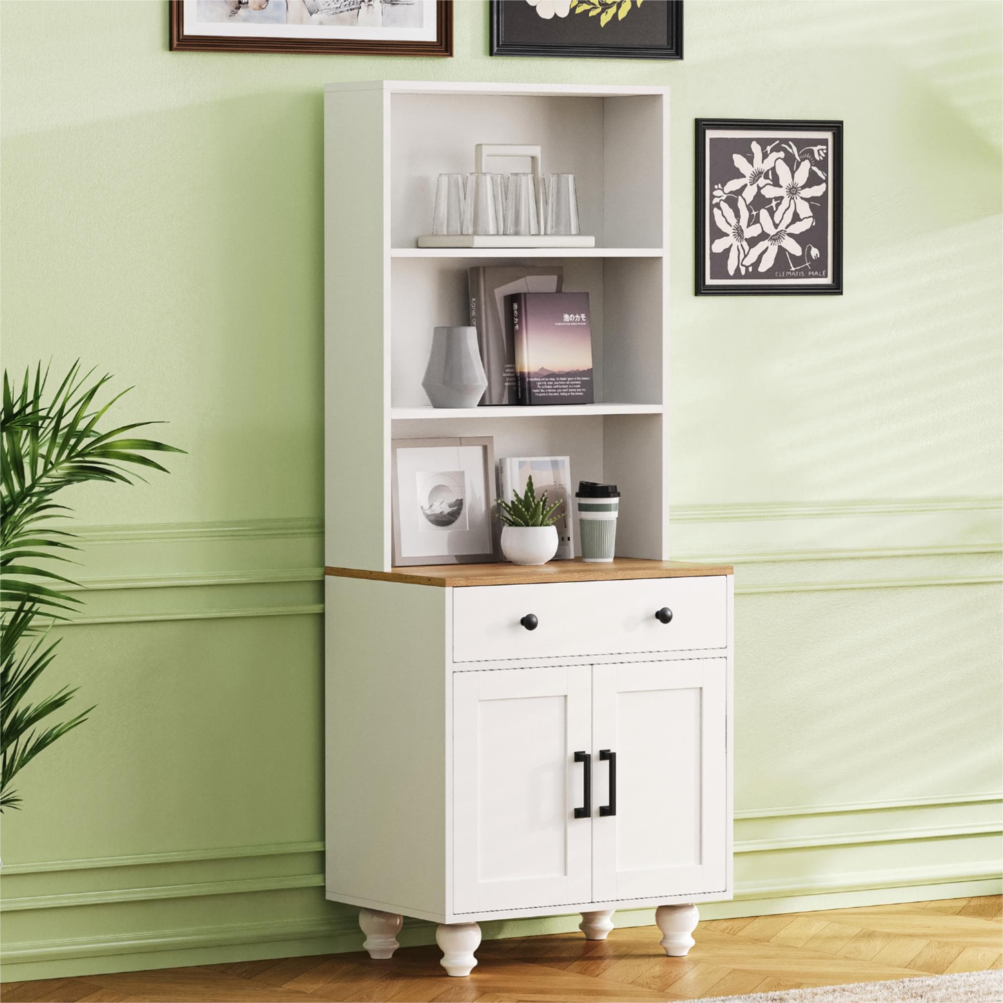 Vynxaria 23.6-in W x 63-in H x 15.7-in D White And Natural Freestanding Kitchen Pantry Cabinet with Adjustable Shelves and 5 Drawers