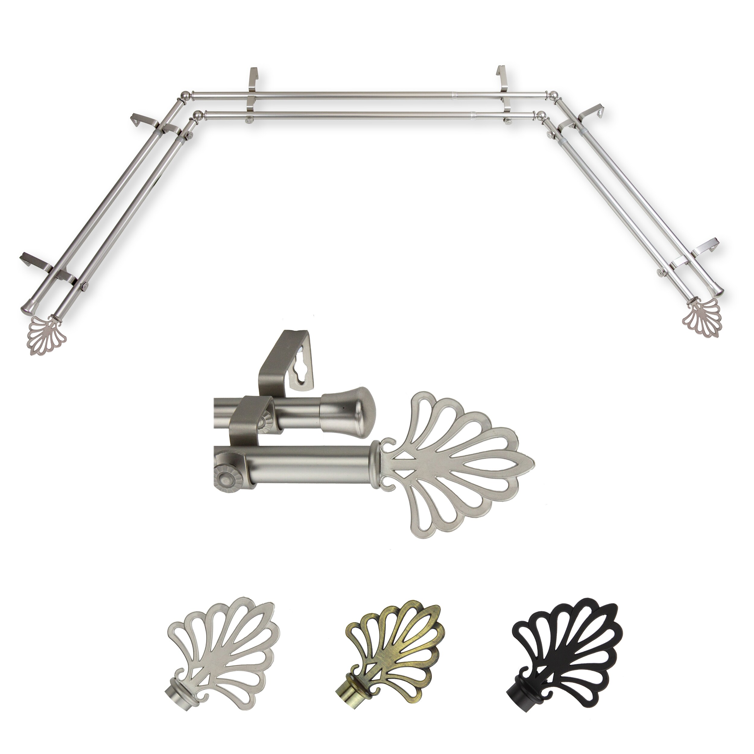 Hart & Harlow LO-ABAY-21-5D 72-in to 144-in Satin Nickel Steel Bay window curtain rod with Finials