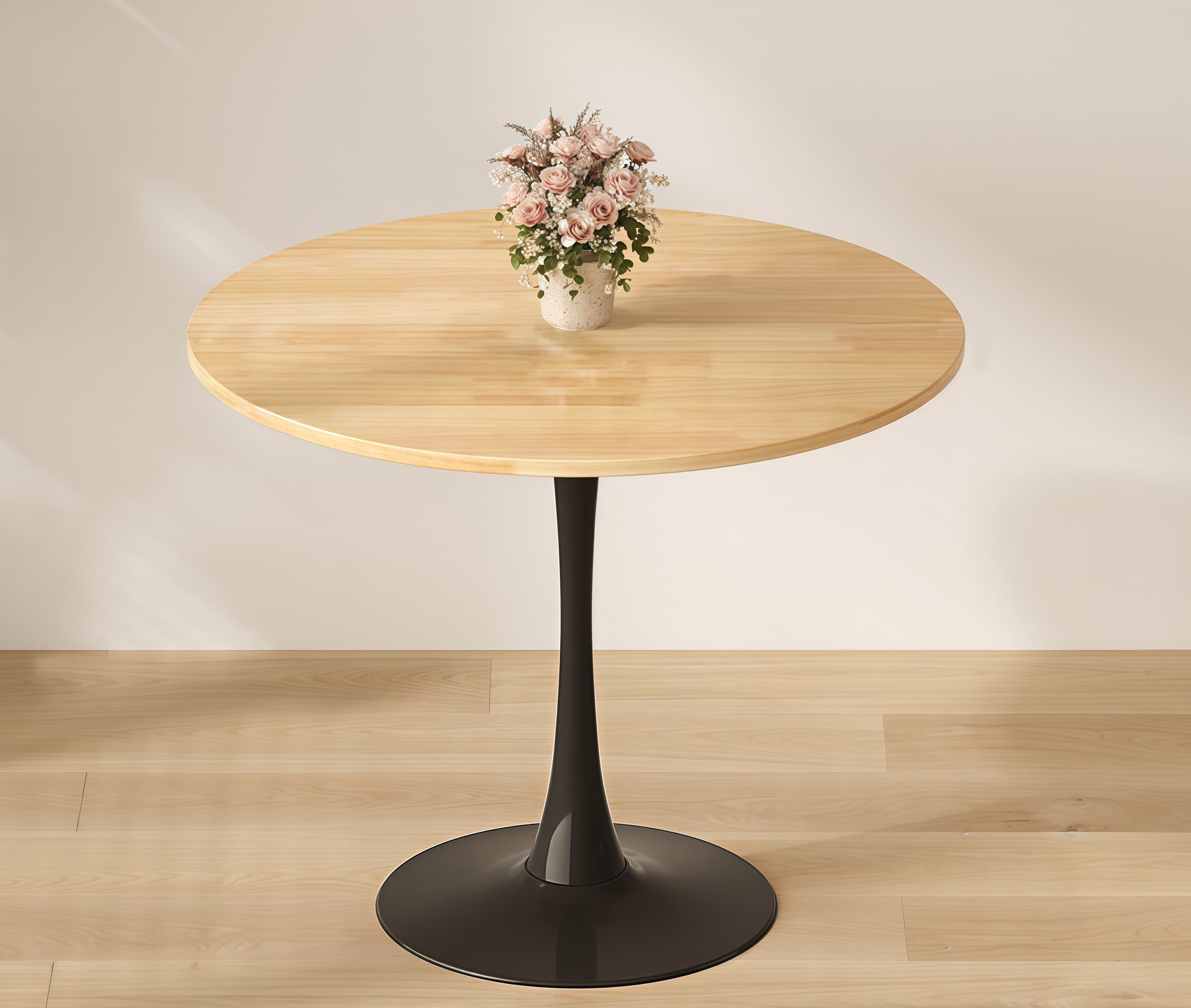 Vynxaria  24 in Natural Wood Round MDF Coffee Table with Steel Tulip Base Easy Assembly Smooth Surface Mid Century Design