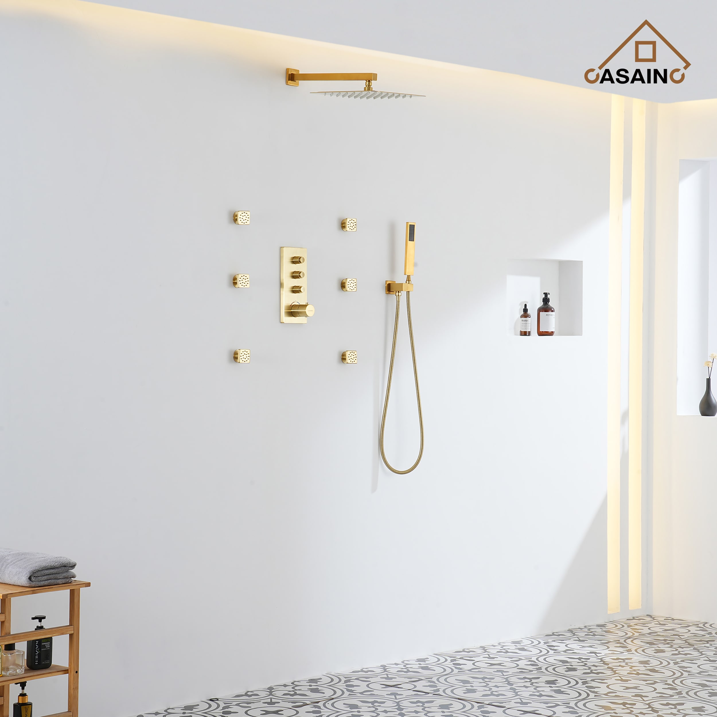 Brushed Gold Wall Mounted Thermostatic Shower System with Body Jets