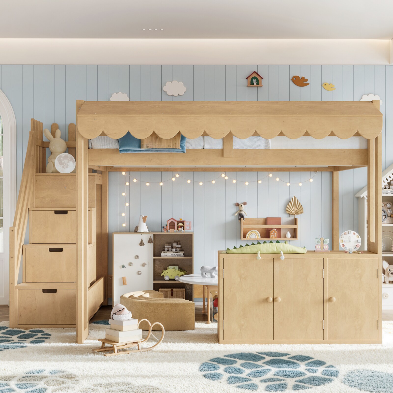 CHITA Full over Full Natural Farmhouse House Loft Bed with Storage