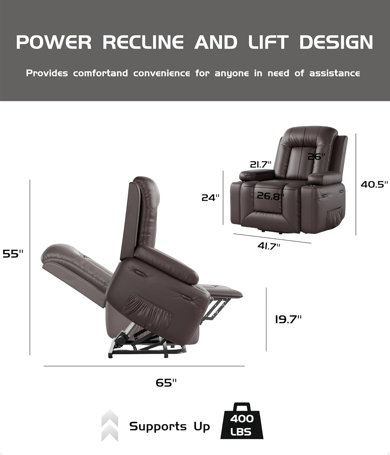 Qeetex EX-PHO-334EJDG3 Oversized Wide Power Lift Recliner Chair - Heat and Massage - Faux PU Leather - Adjustable Back and Legs - Electric Lift Chair Designed for The Elderly and People with Mobility impaired