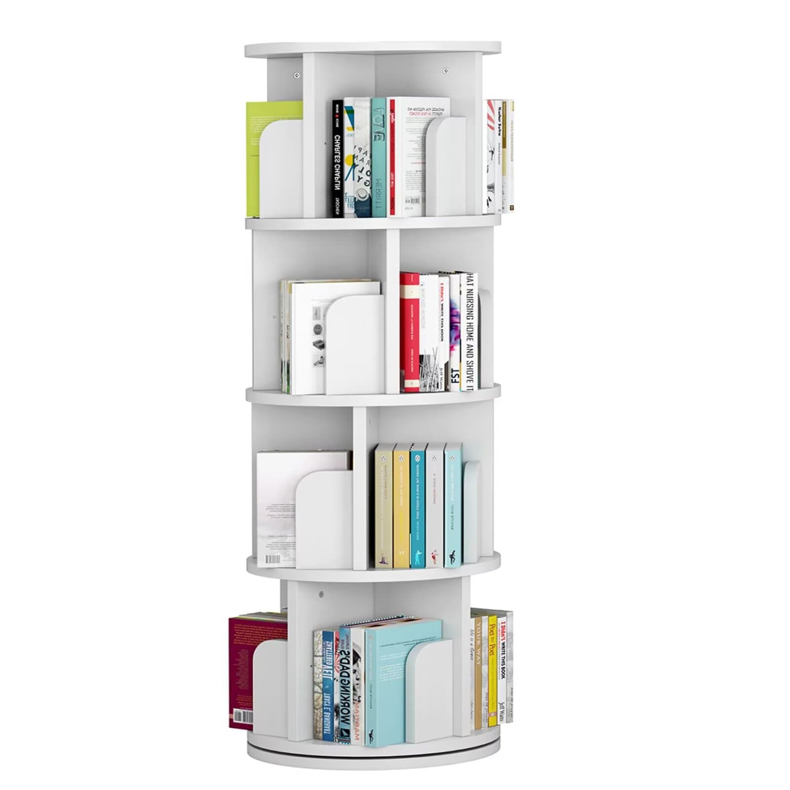 Qeetex JXNAG-PHO-0ZSHNTKX 4 Tier 360 Rotating Stackable Bookshelf Tower Small Wooden Bookcase for Kids Waterproof Corner Display Storage Rack Narrow Book Organizer for Bedroom Study Room-White