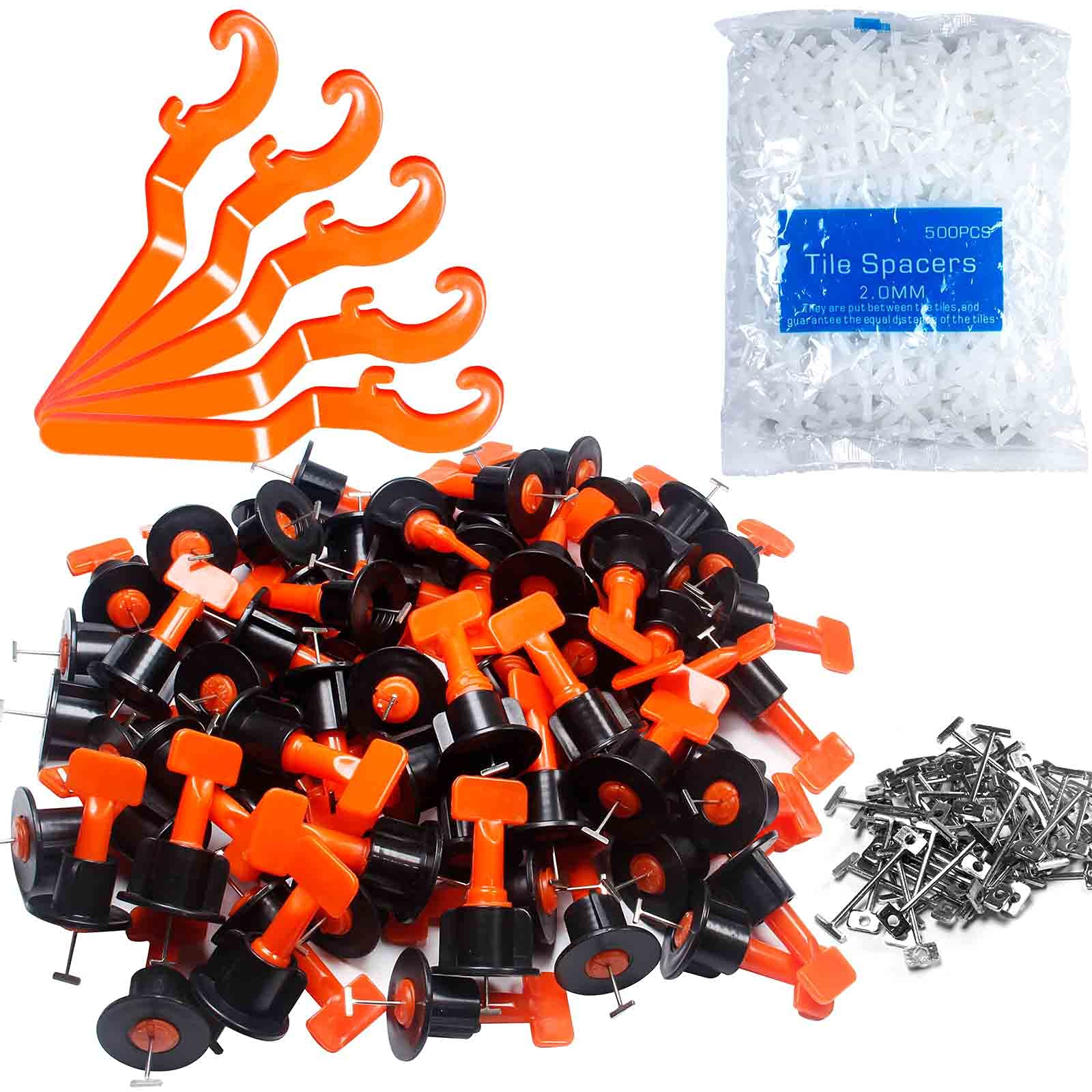 Phyfalip  200pcs Tile Leveling System Kit with 1000pcs 2mm Cross Shaped Tile Spacers 50pcs 1.5mm Spare Steel T Pins 5pcs Wrench for Wall Floor