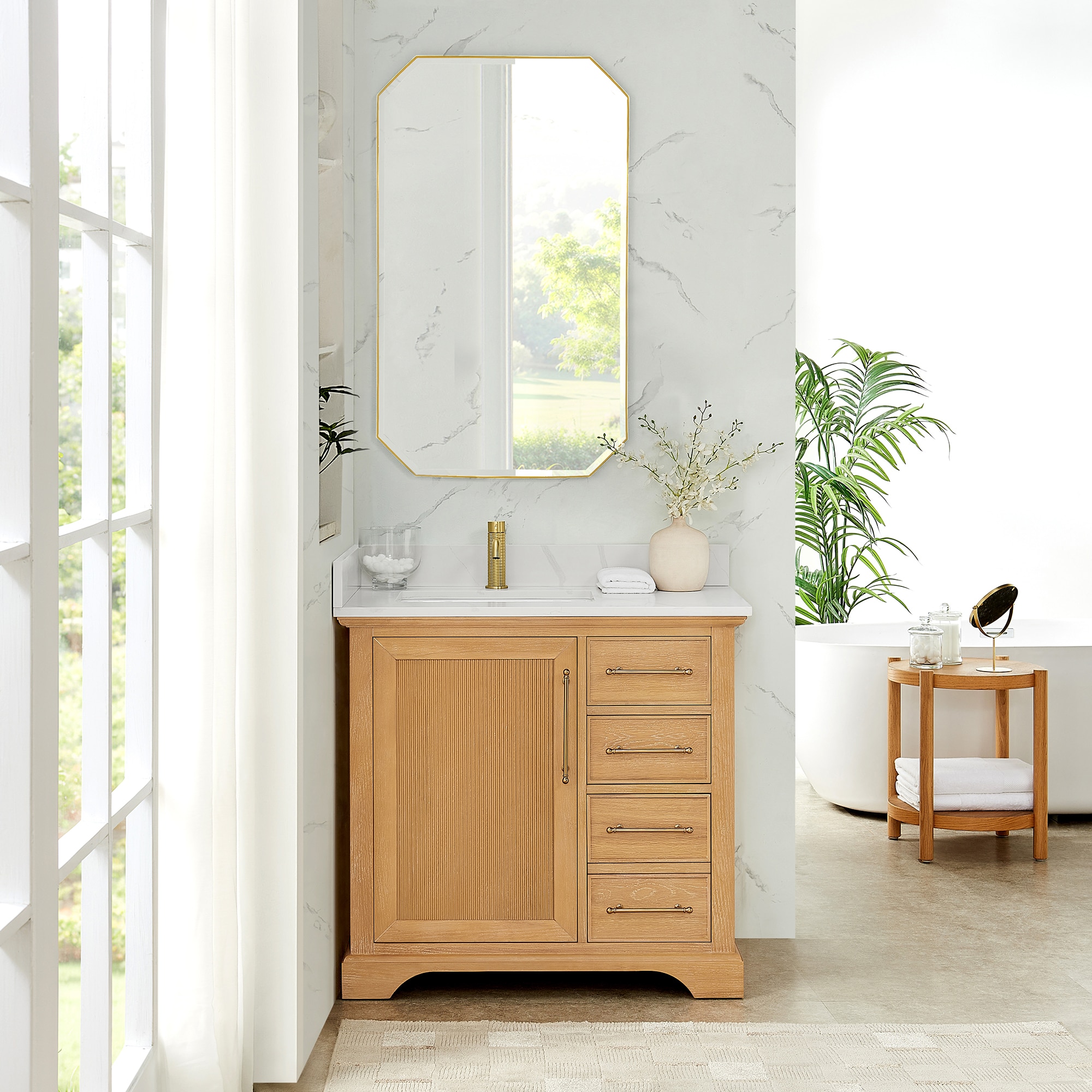 Vinnova 36-in Oak Natural Brown Finish Undermount Single Sink Bathroom Vanity with White Quartz Stone Top Quartz Top
