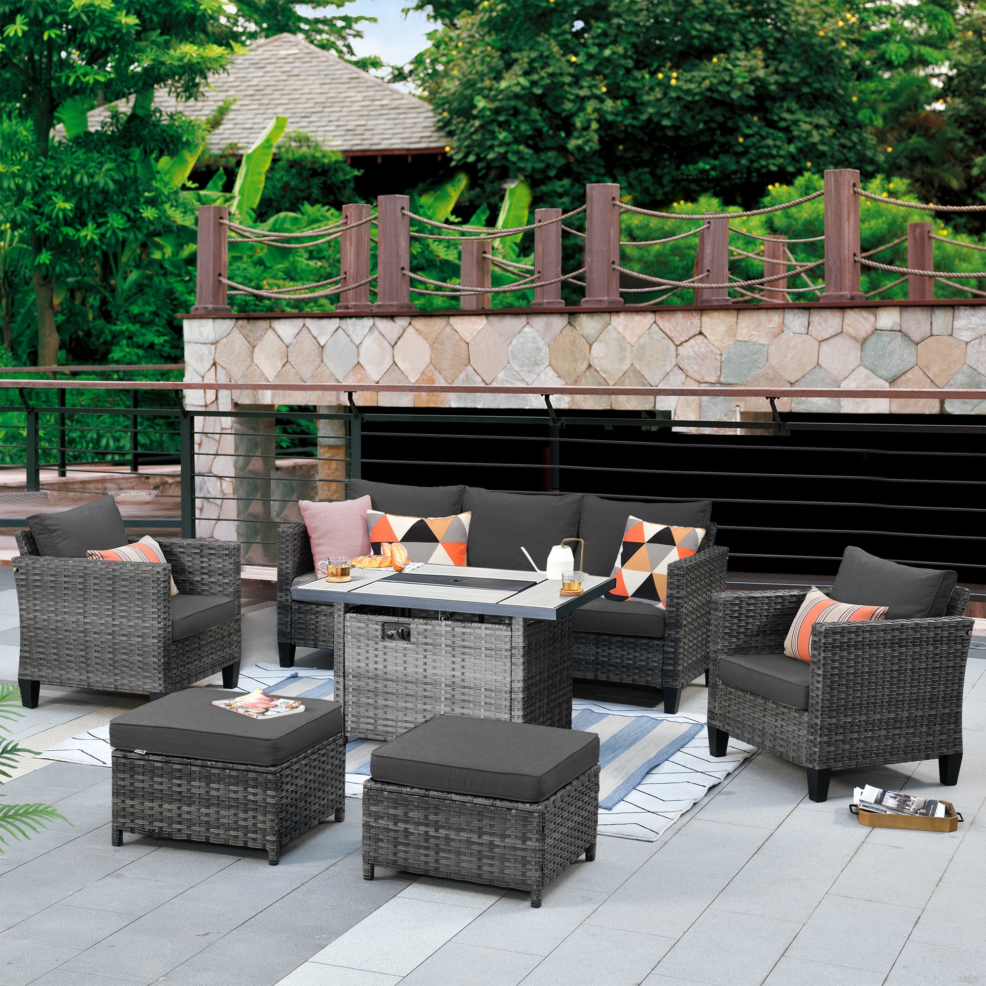 Pouuin SRFGRS100 6-Piece Rattan Patio Conversation Set with Black Cushions