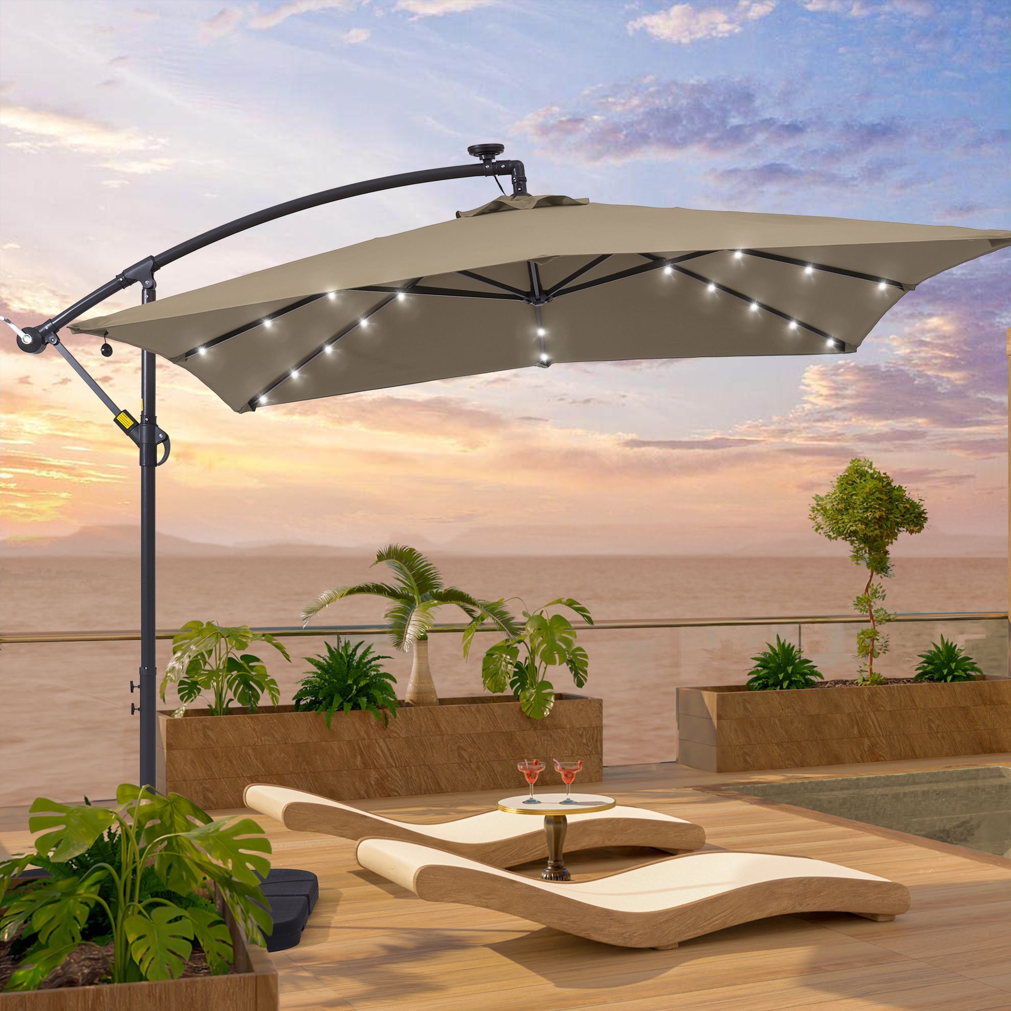 Sonkuki SD-S195TP 8.2-Feet Steel Tan No-tilt Offset Patio Umbrella with Lights and