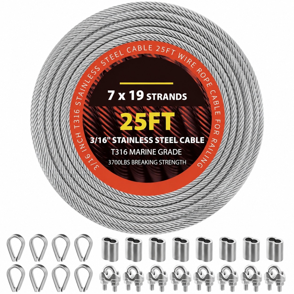 Etokfoks  3 16 in x 25 ft Stainless Steel Wire Rope Vinyl Coated 7x19 Fastener Type Cable for Railing By the Foot